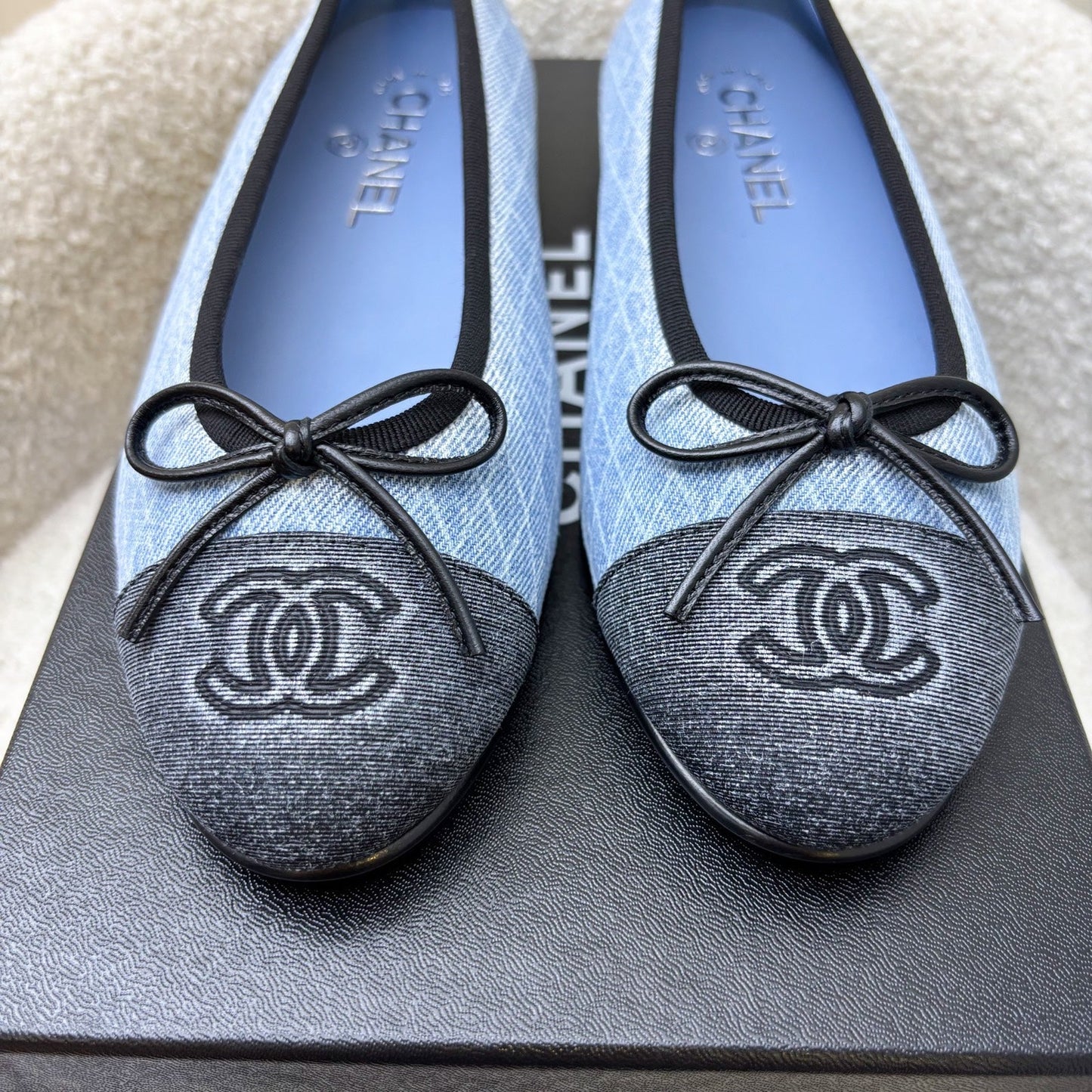Chanel Classic Ballerina Pumps in Embroidered Light Blue Denim / Black Gosgrain Sz 37.5