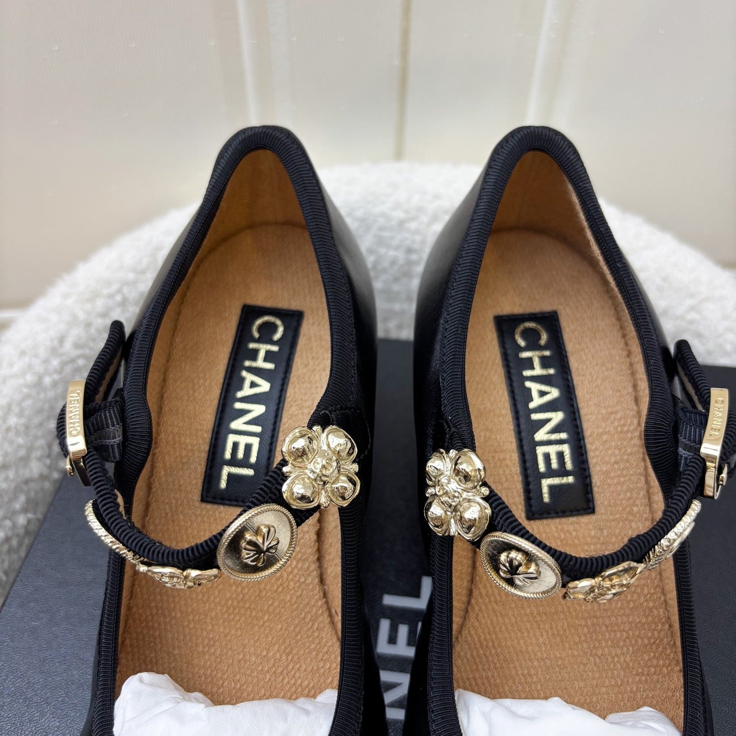Chanel Mary Janes with Gold Charms and Buckle in Black Lambskin and AGHW Sz 37.5 Accessory