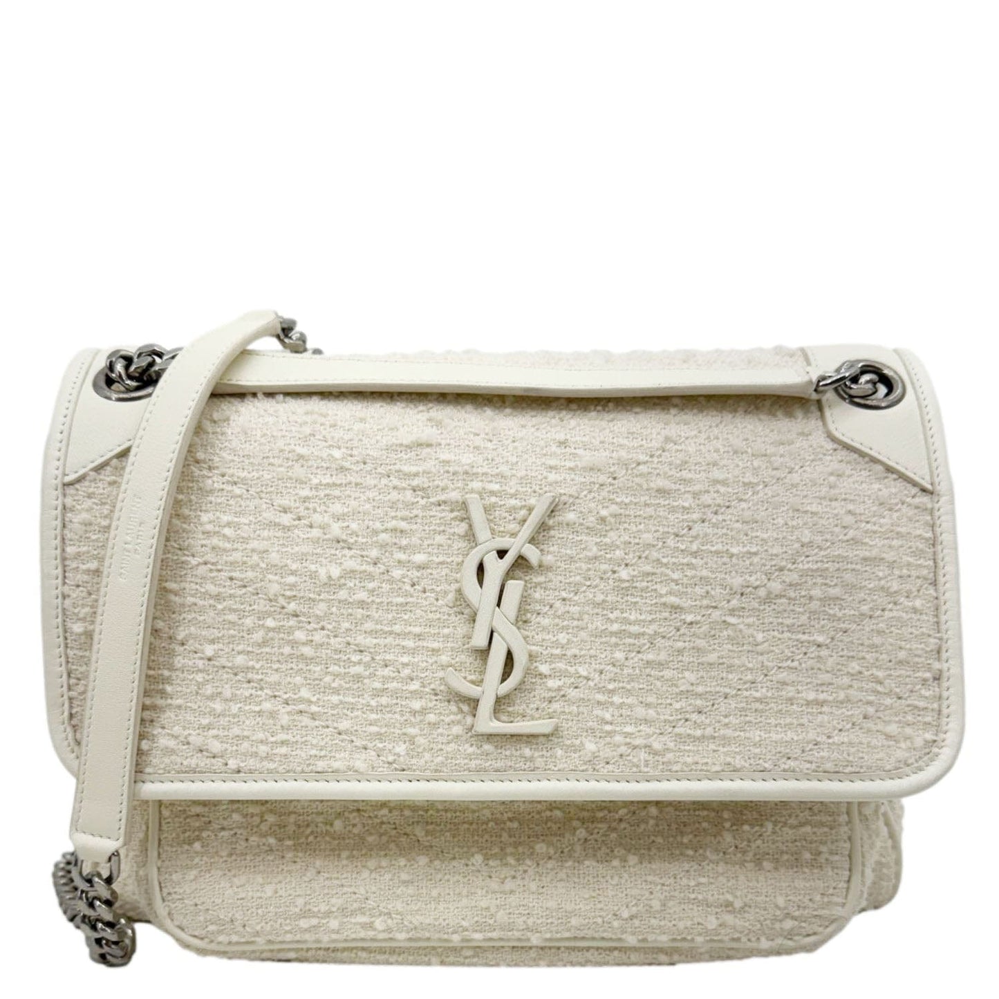 YSL Saint Laurent Yves Niki Tweed Crossbody Bag White Chain
