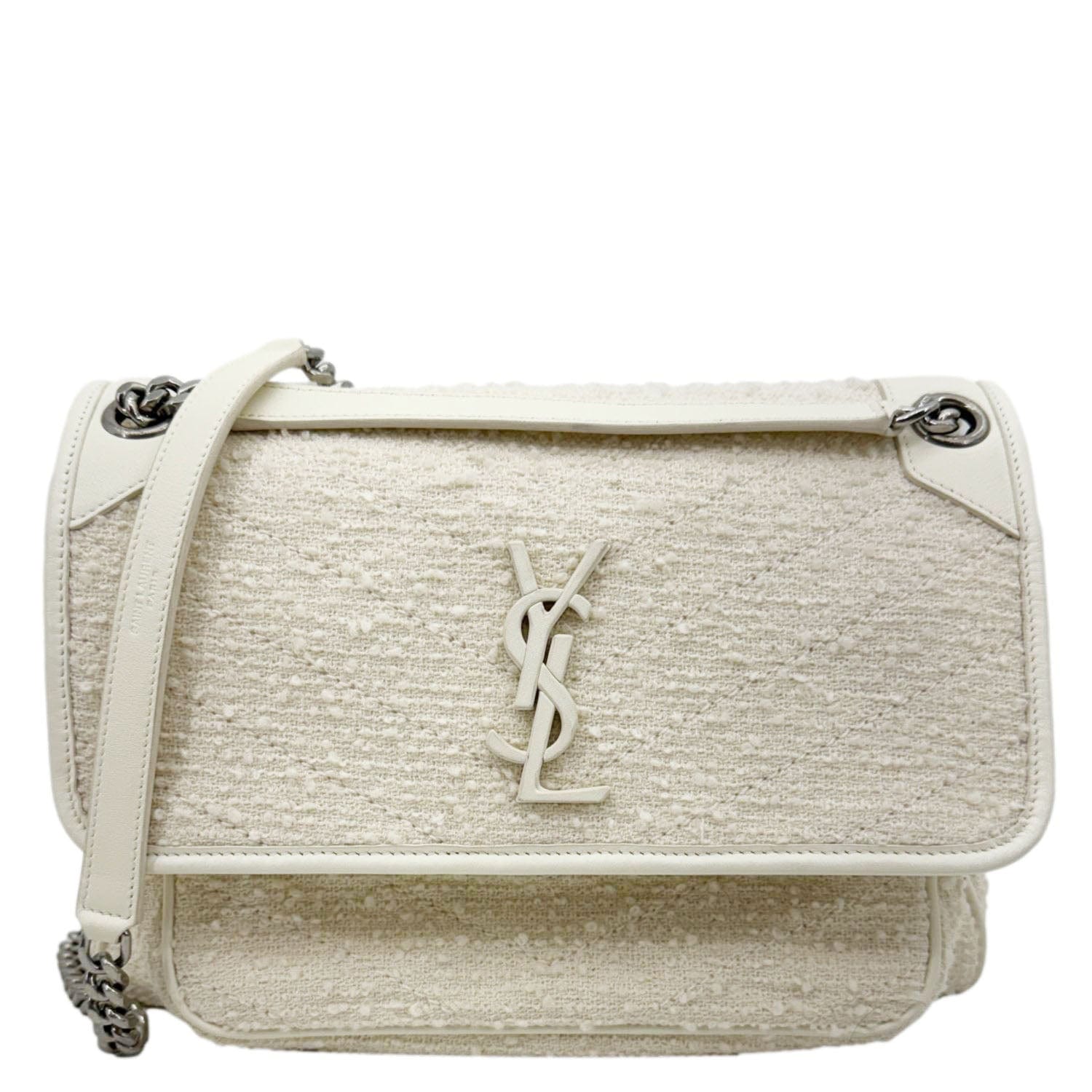 YSL Saint Laurent Yves Niki Tweed Crossbody Bag White Chain