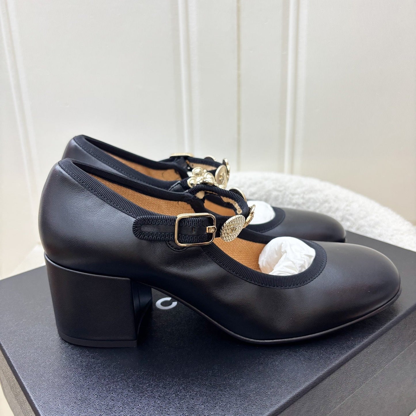 Chanel Mary Janes with Gold Charms and Buckle in Black Lambskin and AGHW Sz 37.5 Accessory