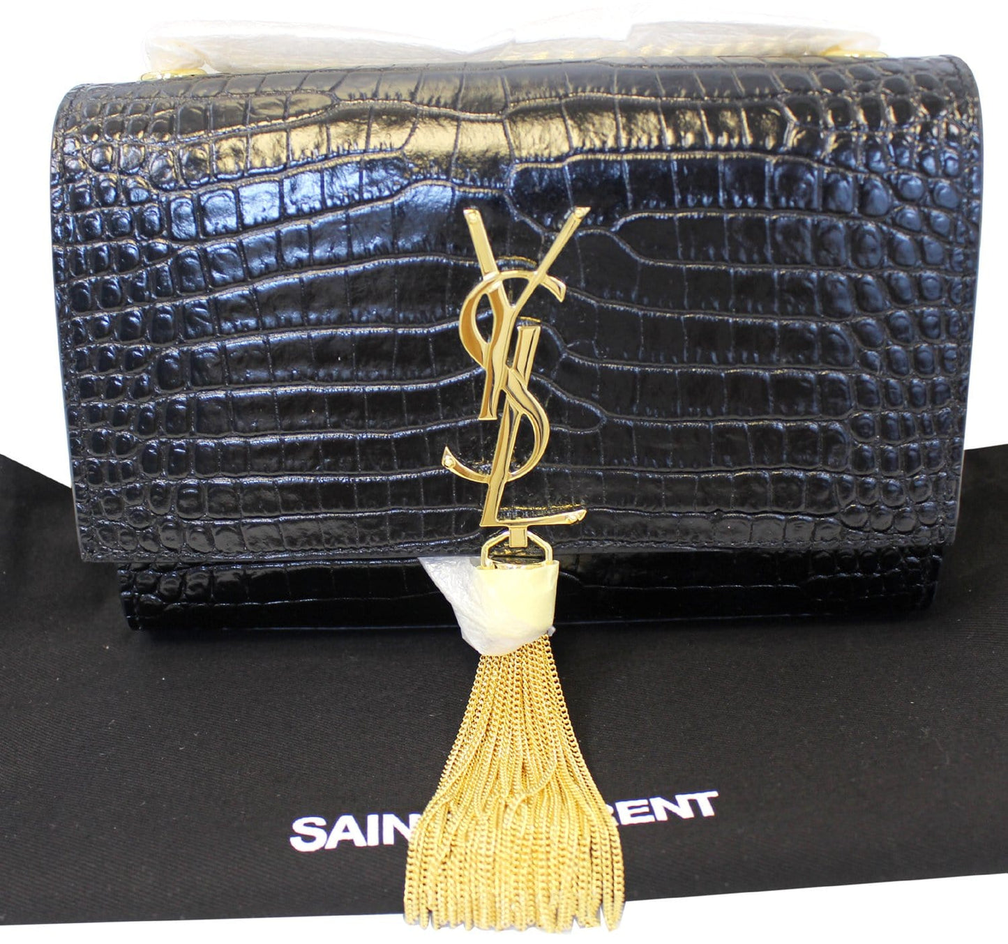 YSL Saint Laurent Saint Crocodile Clutch Crossbody Bag Leather Black