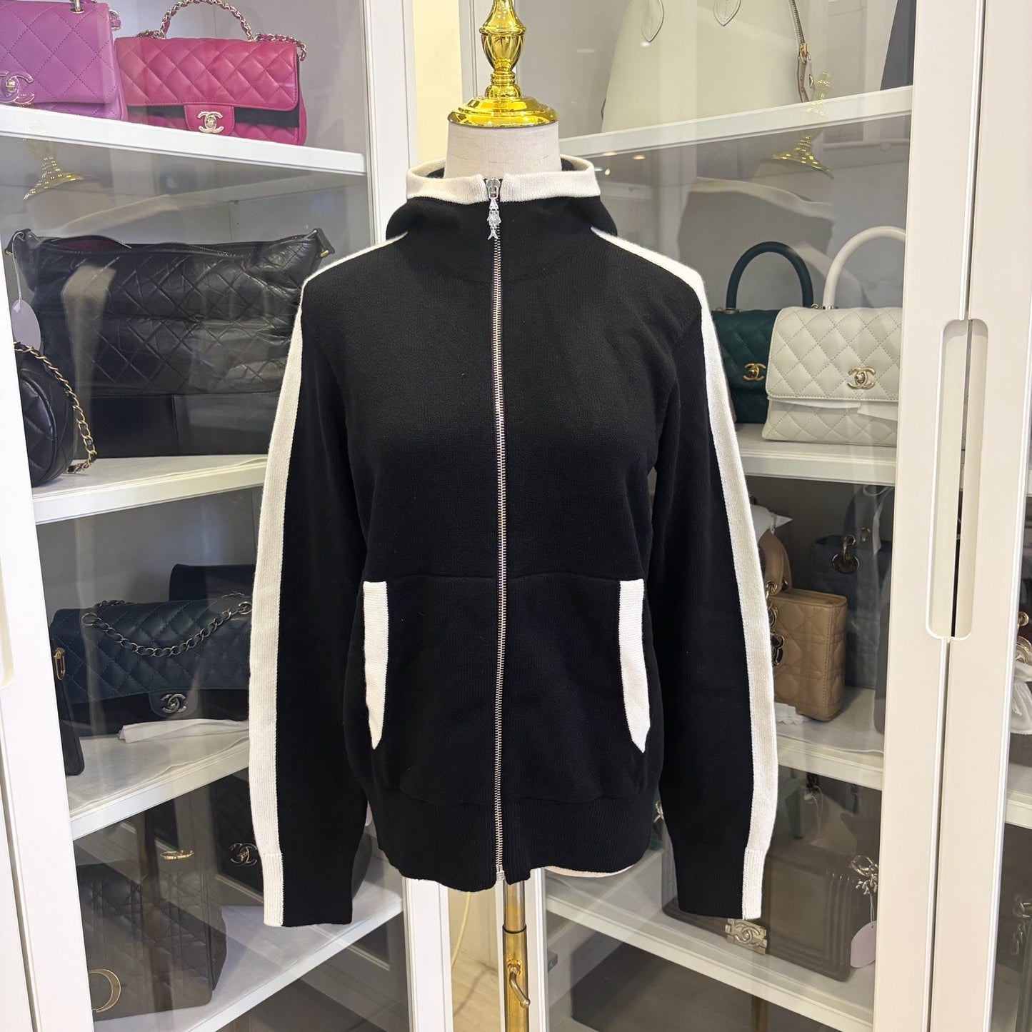 Chanel Zipped Cardigan in Black / White Cashmere Sz 38 (Model: ) Apparel