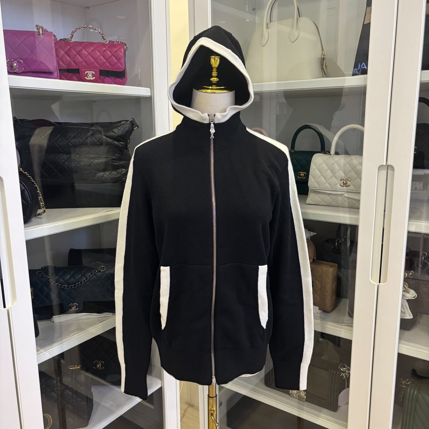 Chanel Zipped Cardigan in Black / White Cashmere Sz 38 (Model: ) Apparel
