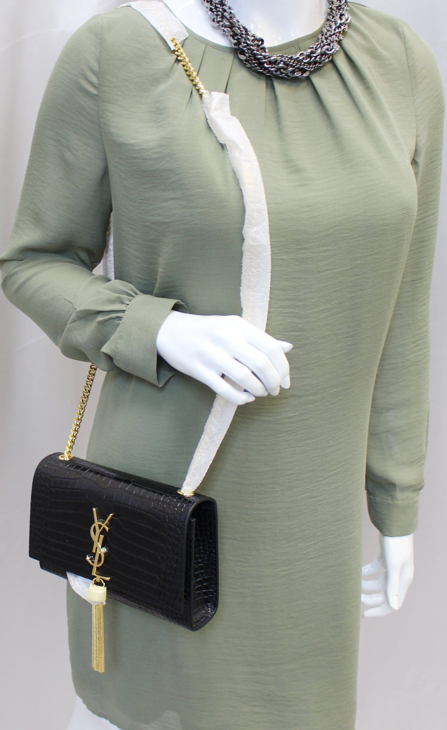 YSL Saint Laurent Saint Crocodile Clutch Crossbody Bag Leather Black