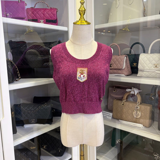 Chanel Seasonal Vest with Embroidered CC Logo Crest in Dark Mauve Cashmere Sz 36 Accessory