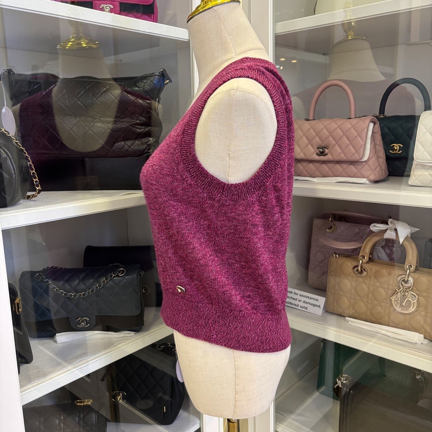 Chanel Seasonal Vest with Embroidered CC Logo Crest in Dark Mauve Cashmere Sz 36 Accessory