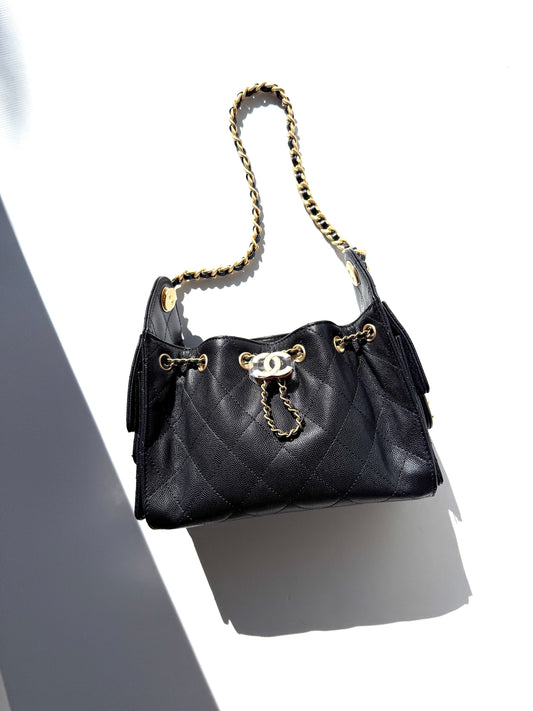 Chanel New 25 Mini Black Quilted Caviar Leather Shoulder Bag