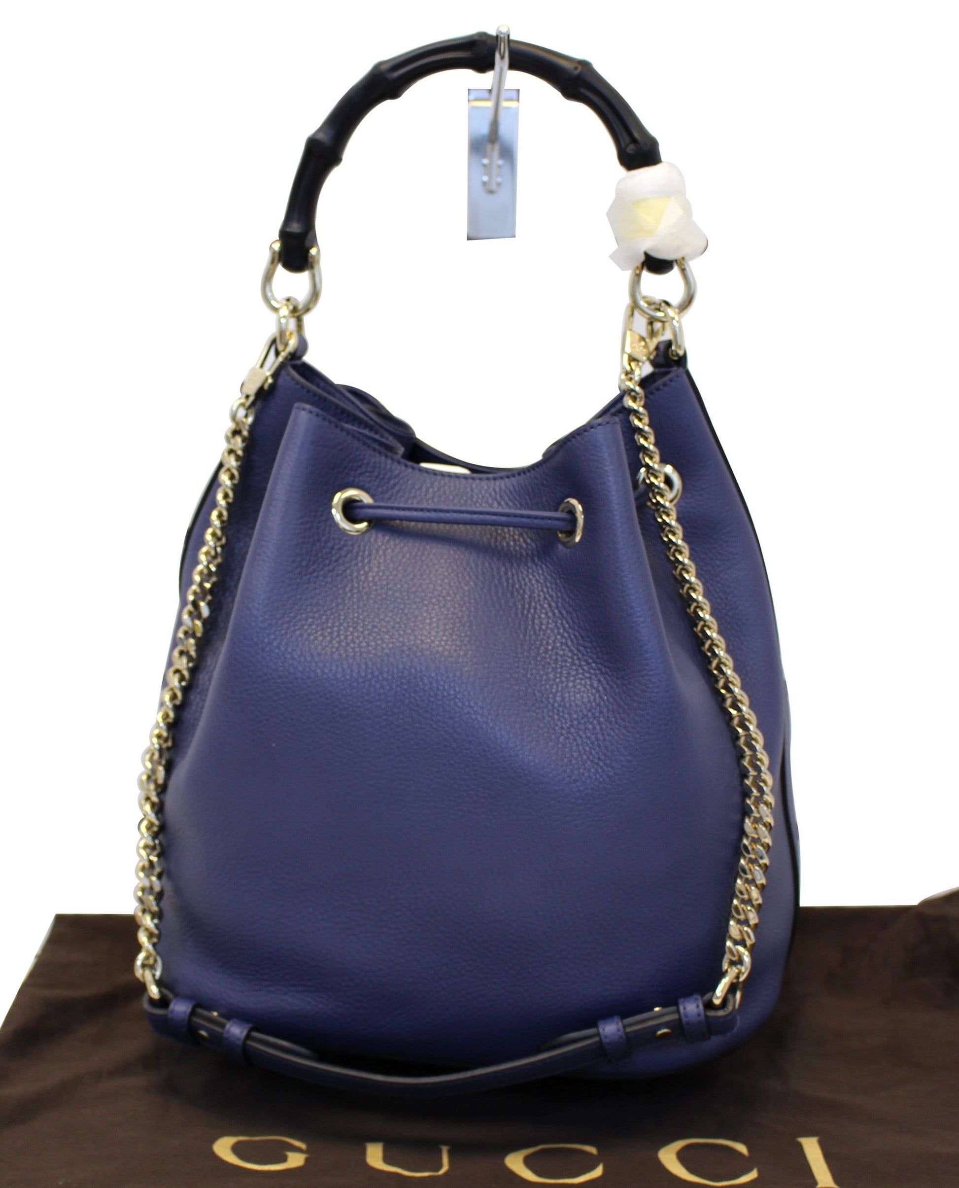 Gucci Miss Bamboo Bucket Shoulder Handbag Leather Blue Shoulder Bag