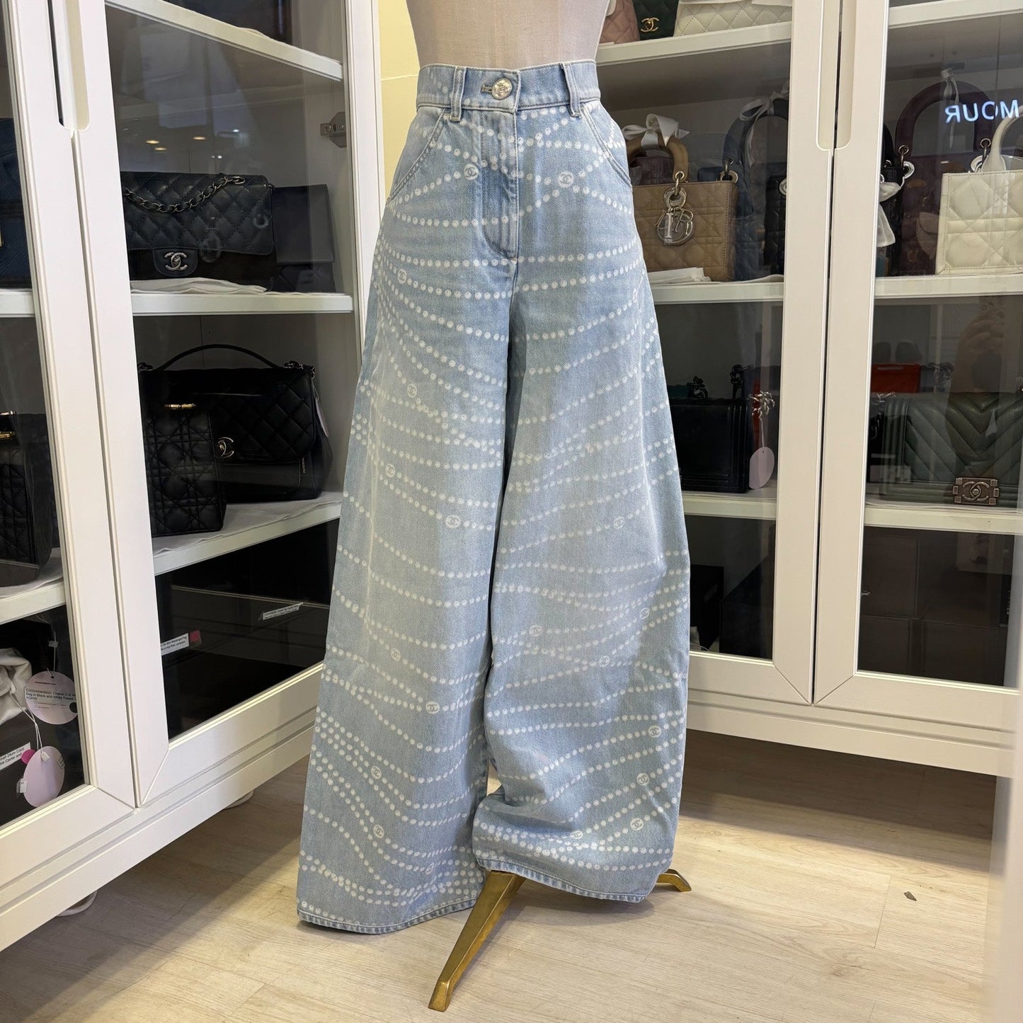 Chanel Washed Light Denim Jeans with Pearl Chain Print in Size 38 Apparel