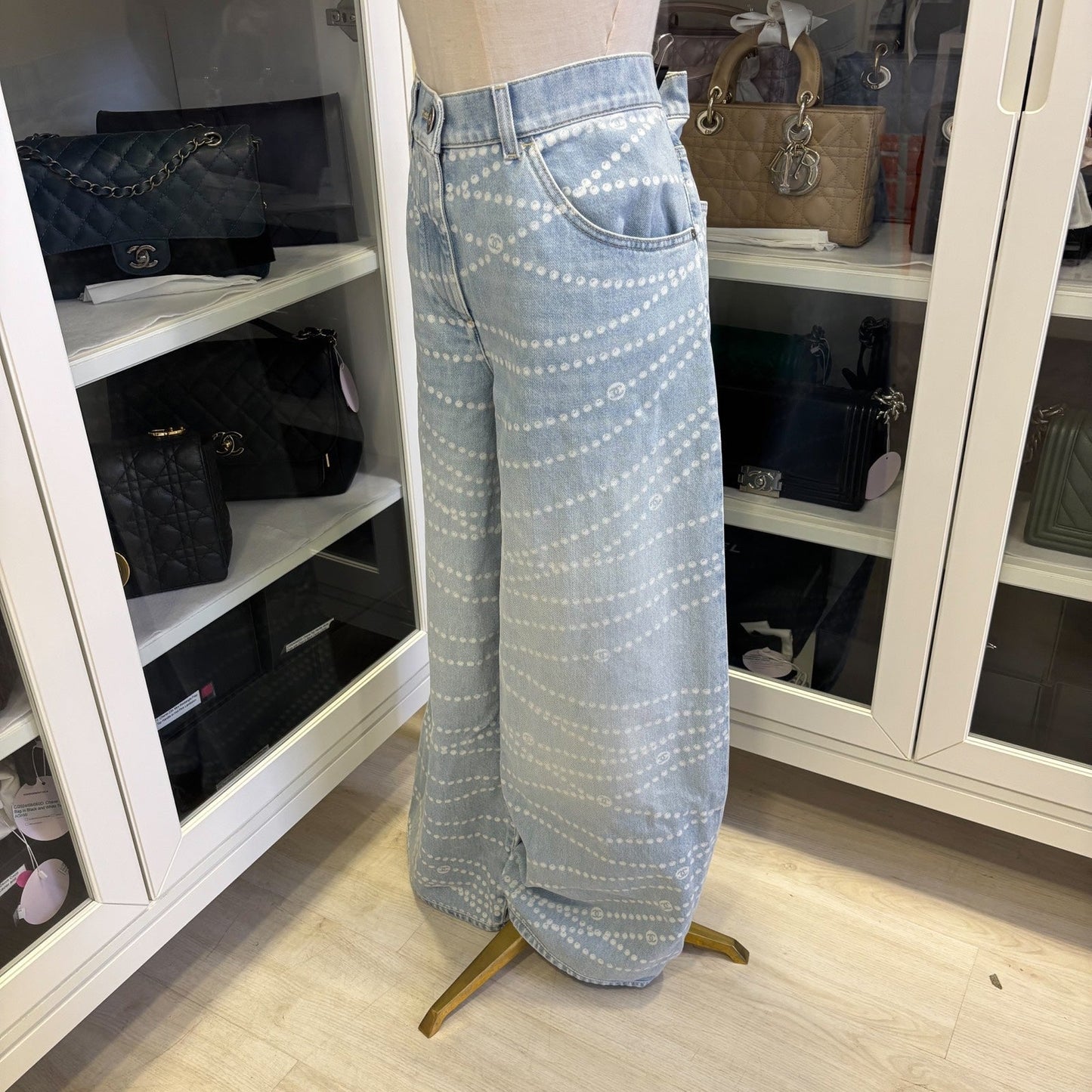 Chanel Washed Light Denim Jeans with Pearl Chain Print in Size 38 Apparel