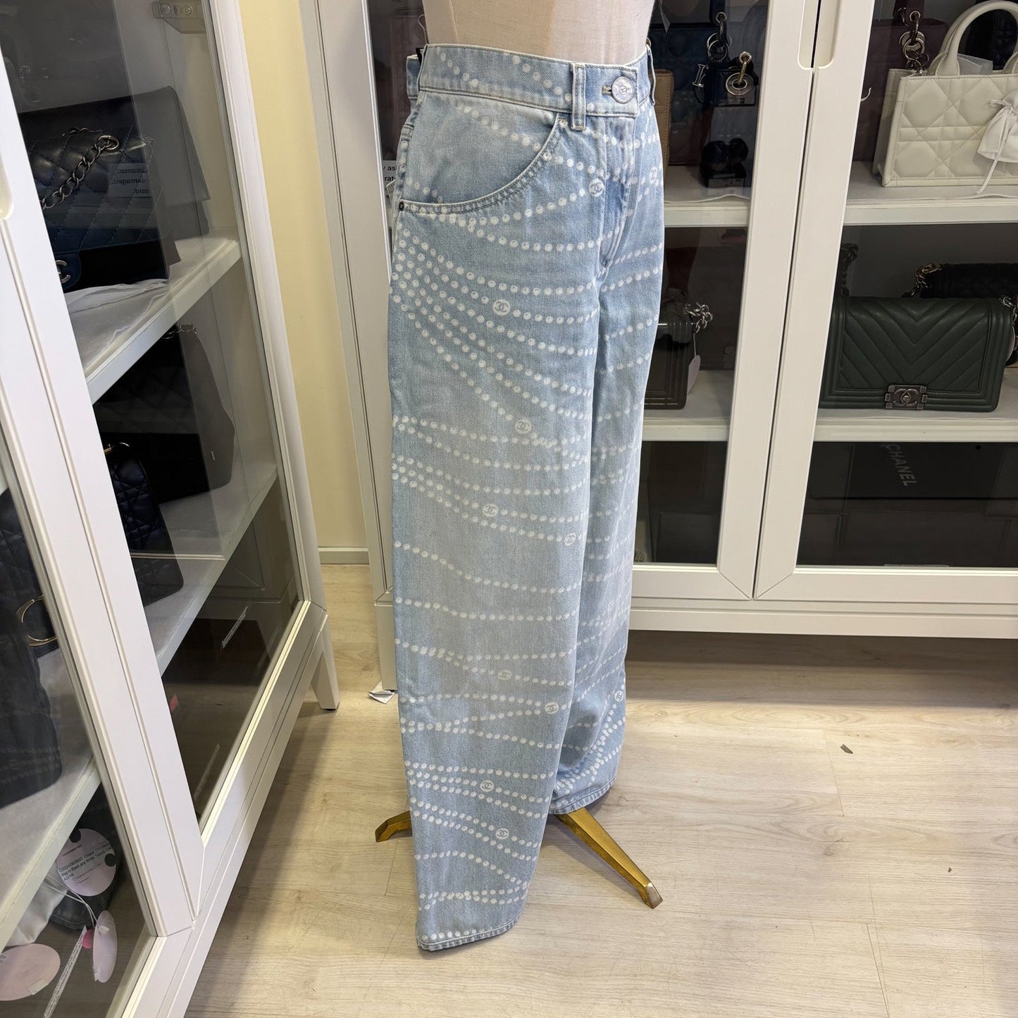 Chanel Washed Light Denim Jeans with Pearl Chain Print in Size 38 Apparel