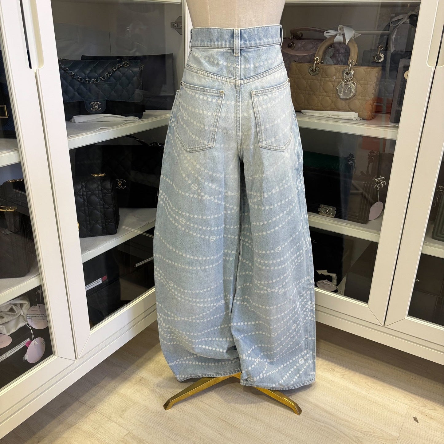 Chanel Washed Light Denim Jeans with Pearl Chain Print in Size 38 Apparel