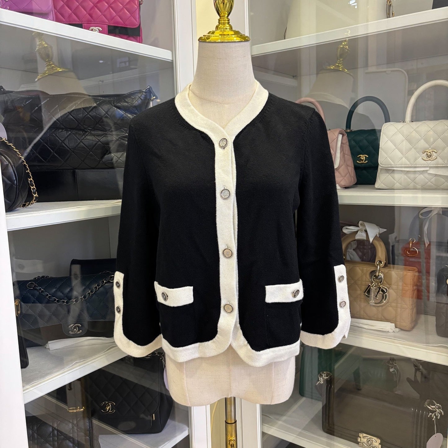 Chanel Cardigan With CC Logo Buttons in Black / White Cashmere Sz 38 Apparel