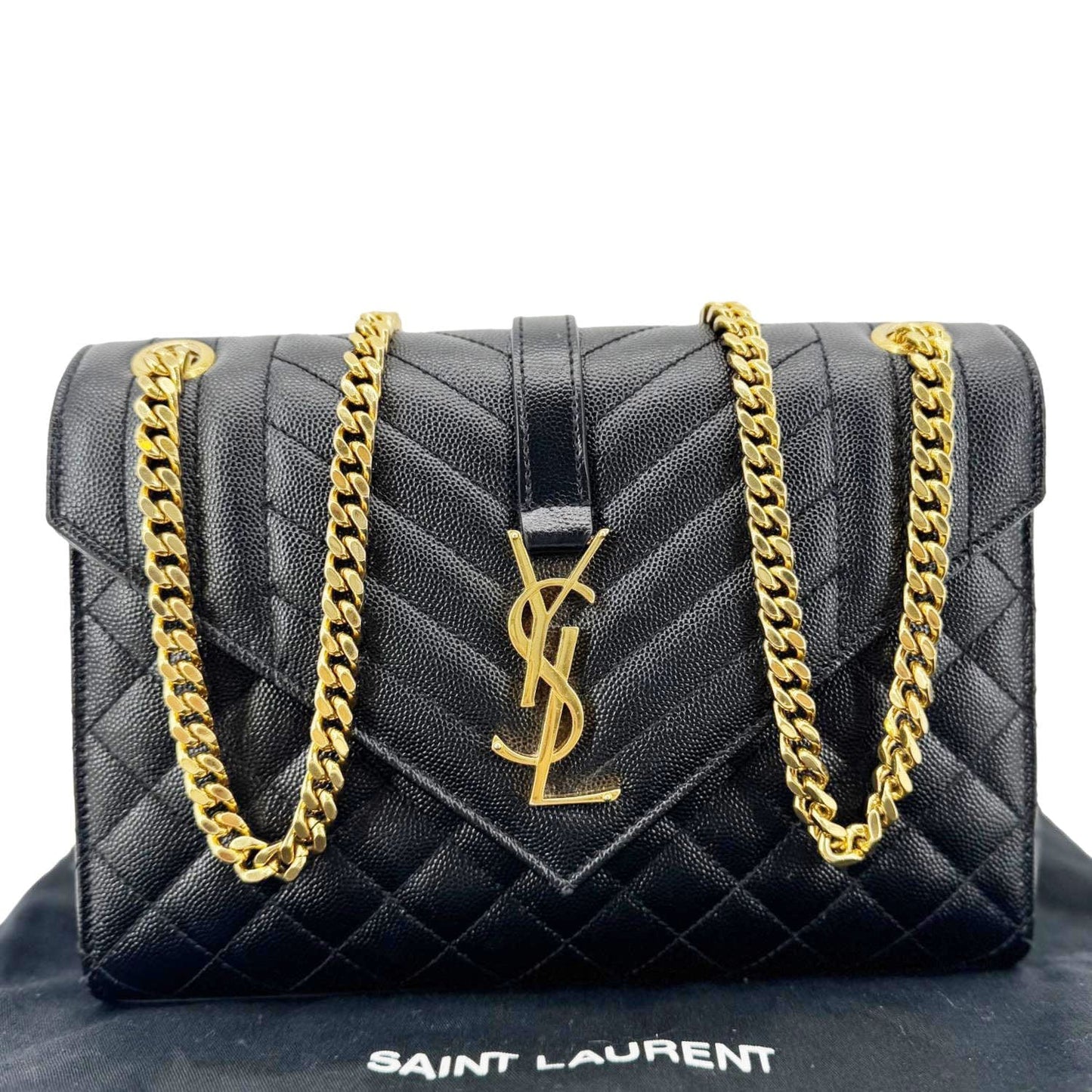 YSL Saint Laurent Yves Envelope Caviar Shoulder Bag Leather Quilted Black