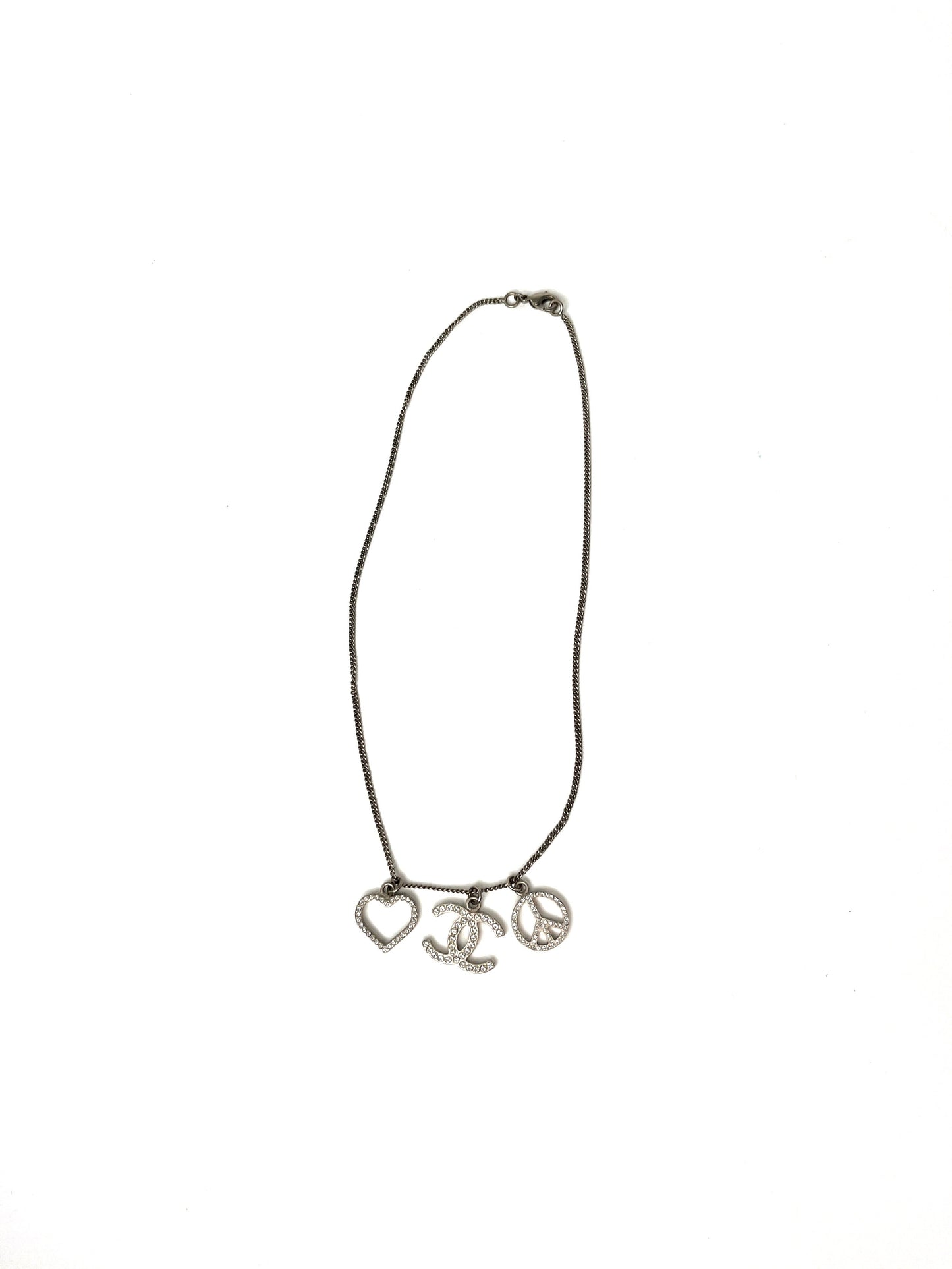 Chanel Crystal Silver Tone CC Logo Peace Heart Charm Short Necklace