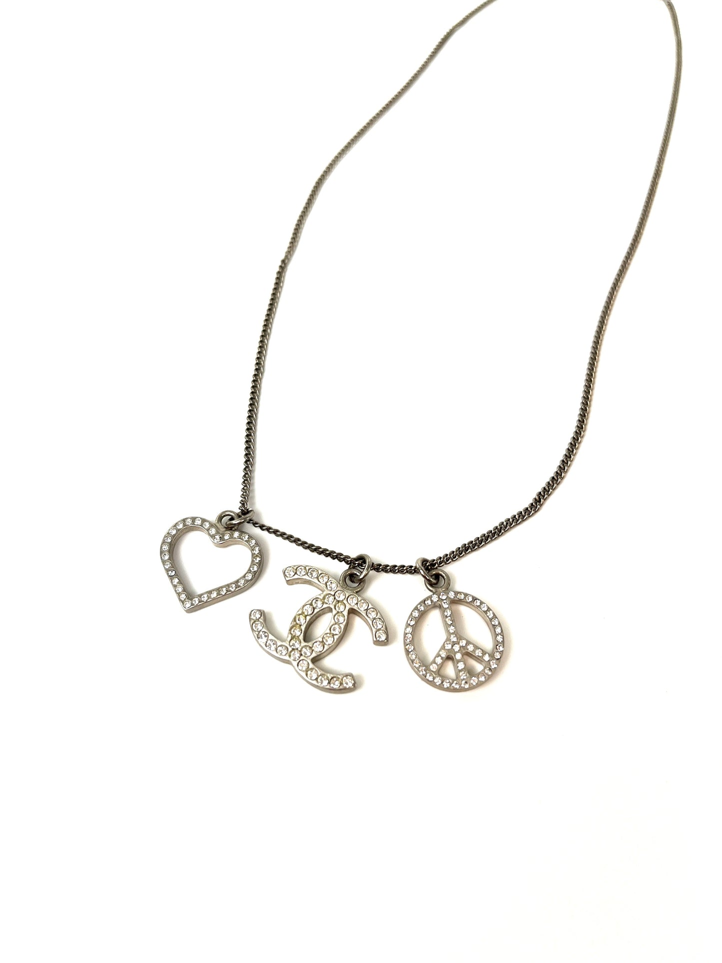 Chanel Crystal Silver Tone CC Logo Peace Heart Charm Short Necklace