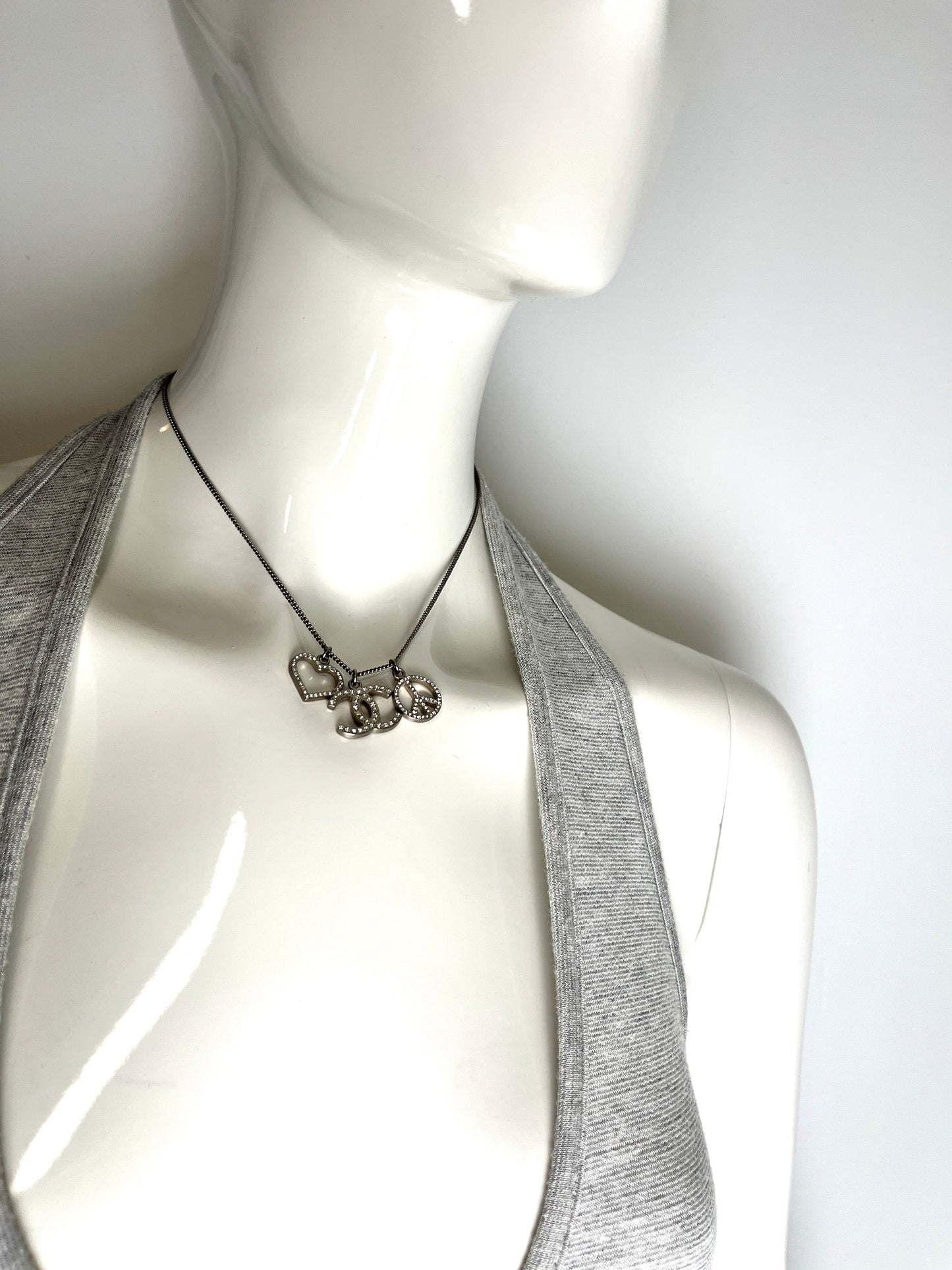 Chanel Crystal Silver Tone CC Logo Peace Heart Charm Short Necklace