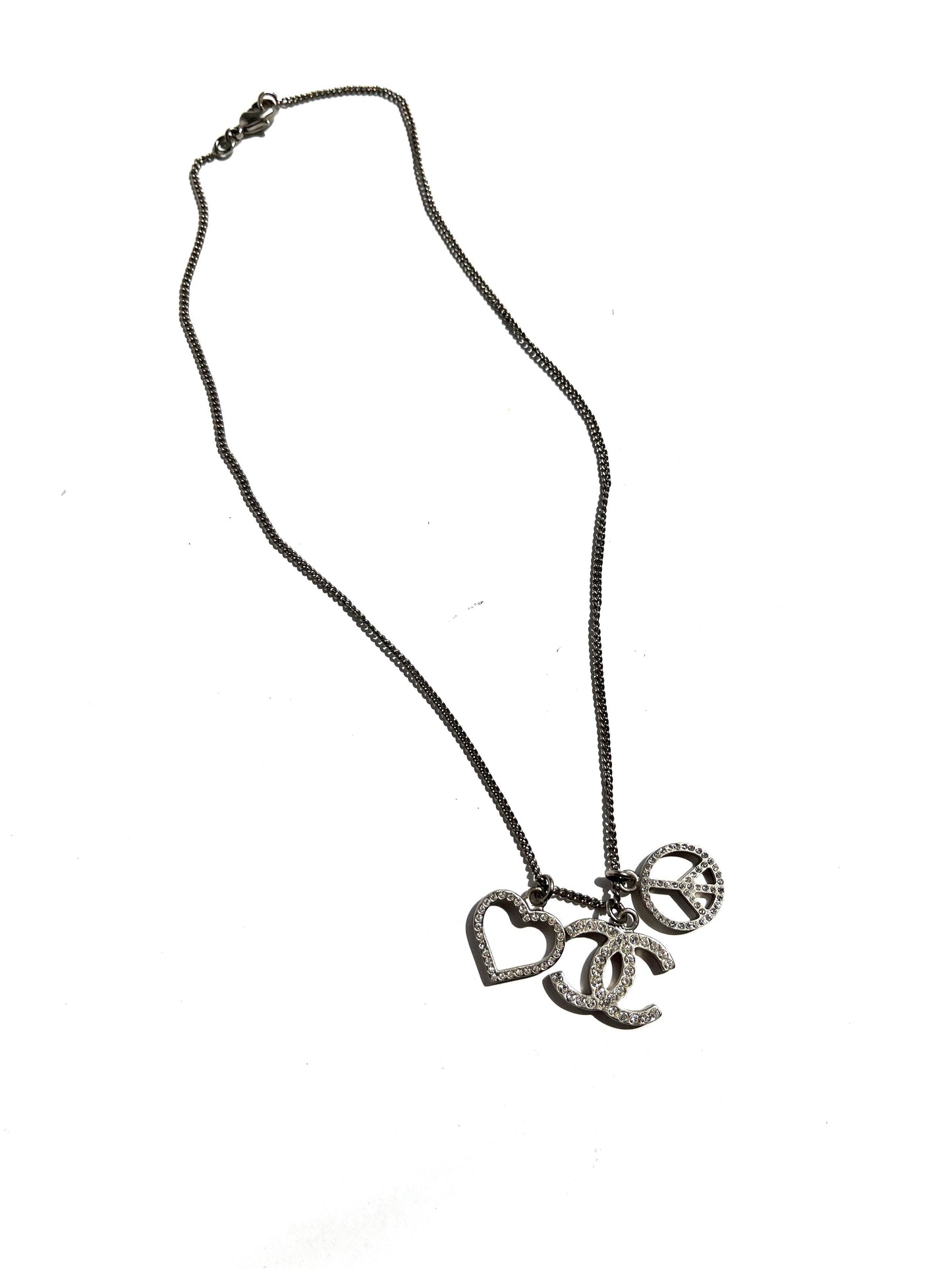 Chanel Crystal Silver Tone CC Logo Peace Heart Charm Short Necklace