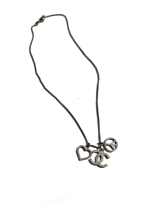 Chanel Crystal Silver Tone CC Logo Peace Heart Charm Short Necklace