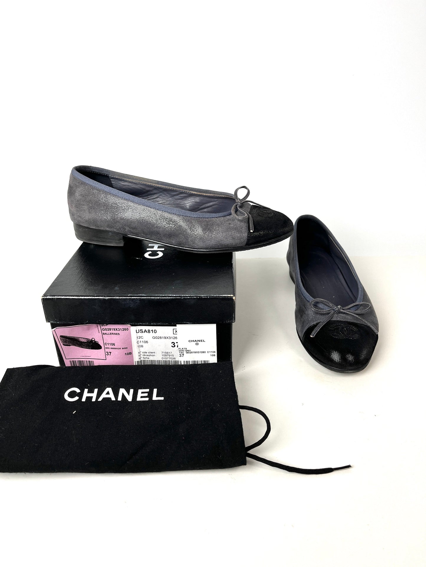 Chanel Black Dark Gray CC Logo Ballerina Leather Flats 37, 6.5