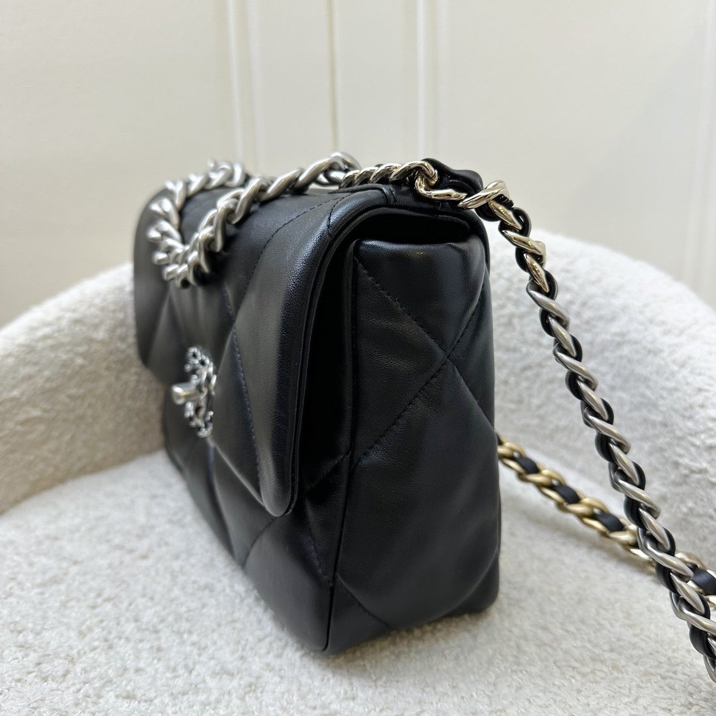 Chanel [Brand New] 19 Small Flap in Black Lambskin and 3-tone Hardware, Silver Turnlock (Model: ) Accessory
