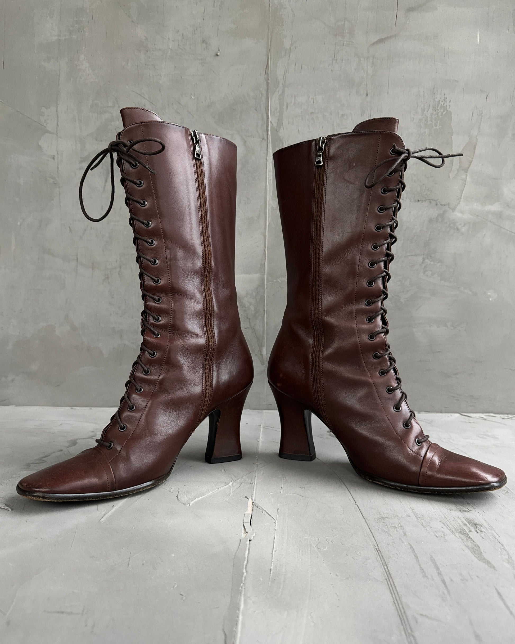 Prada Shoe Lace Up Victorian Boots Leather Shoes