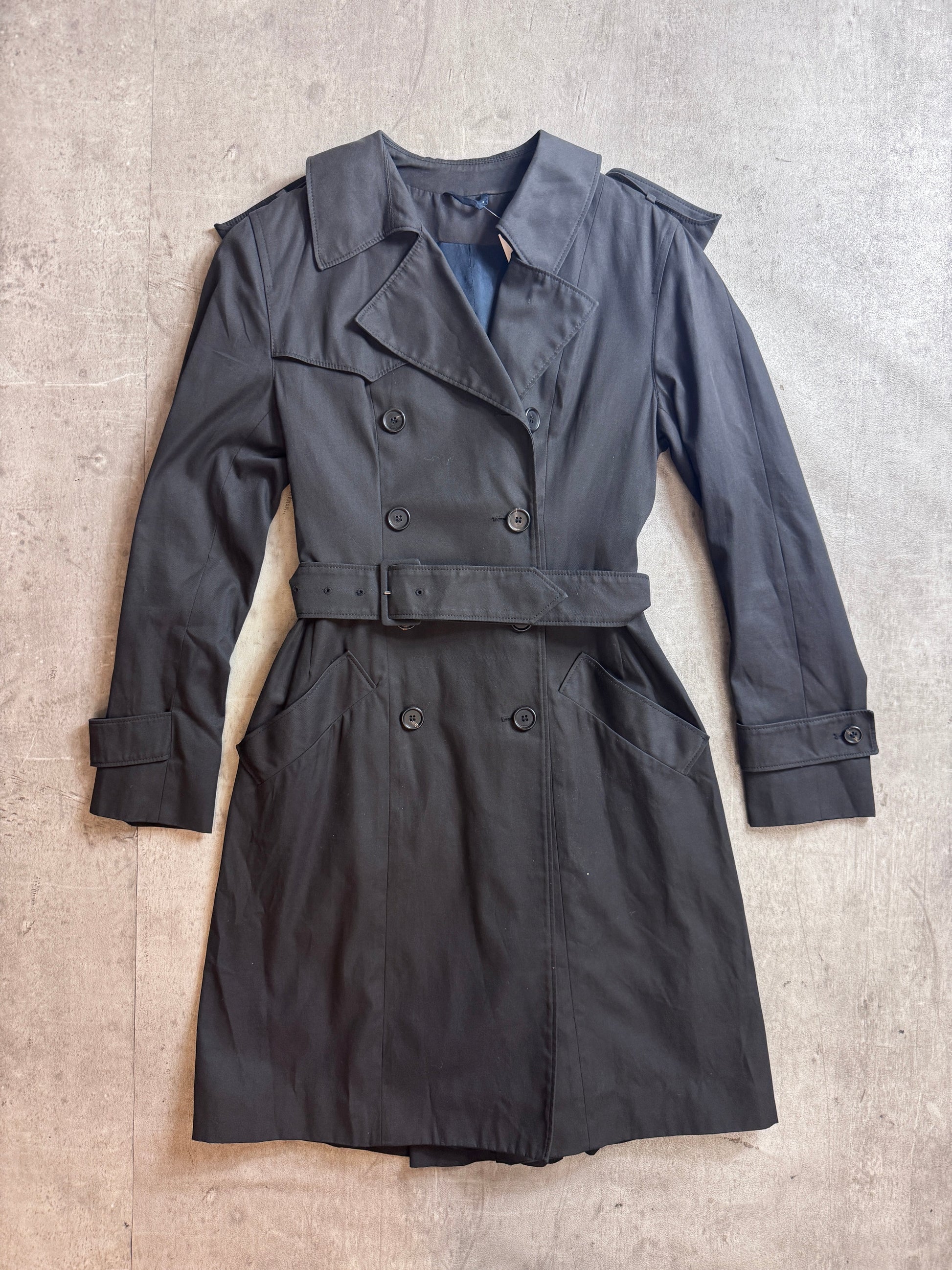 Prada Handbag Silk Lined Double Breasted Trench Coat Navy Small