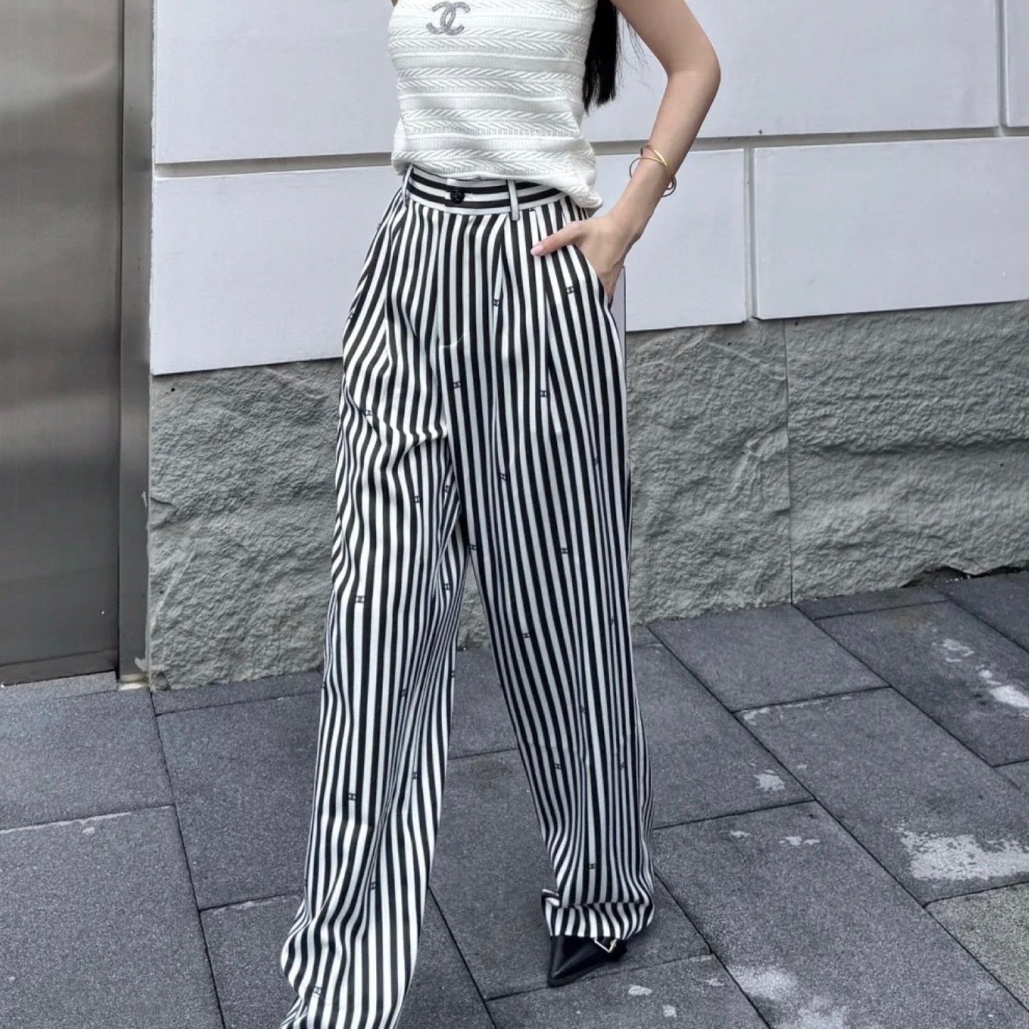 Chanel Pinstripe Long Pants with CC Mini Crystals Sz 36 (Model: )