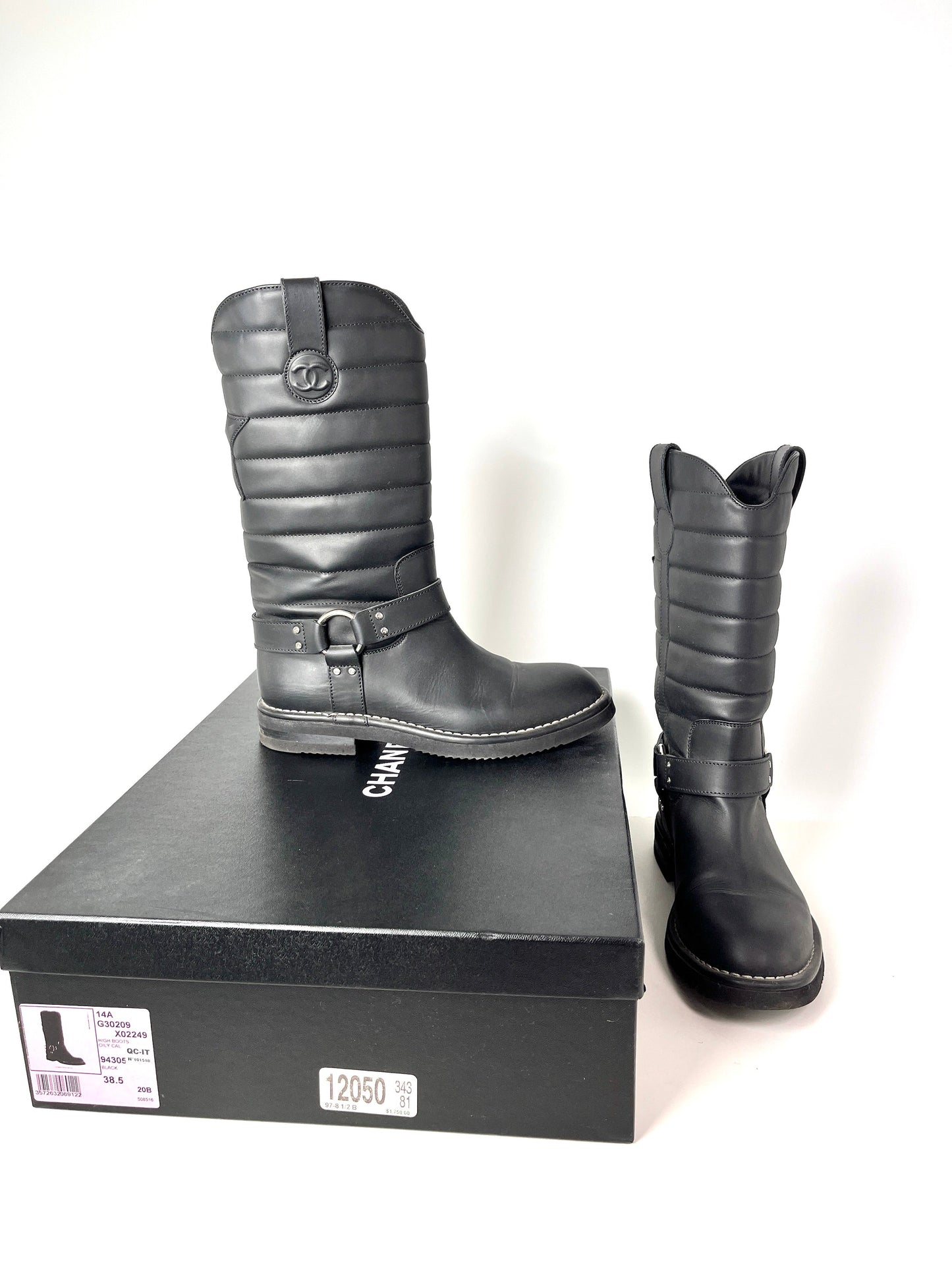 Chanel Paris-Dallas CC Star Black Leather Moto Mid Calf Boots 38.5