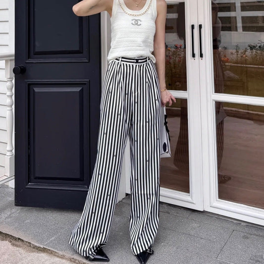 Chanel Pinstripe Long Pants with CC Mini Crystals Sz 36 (Model: )