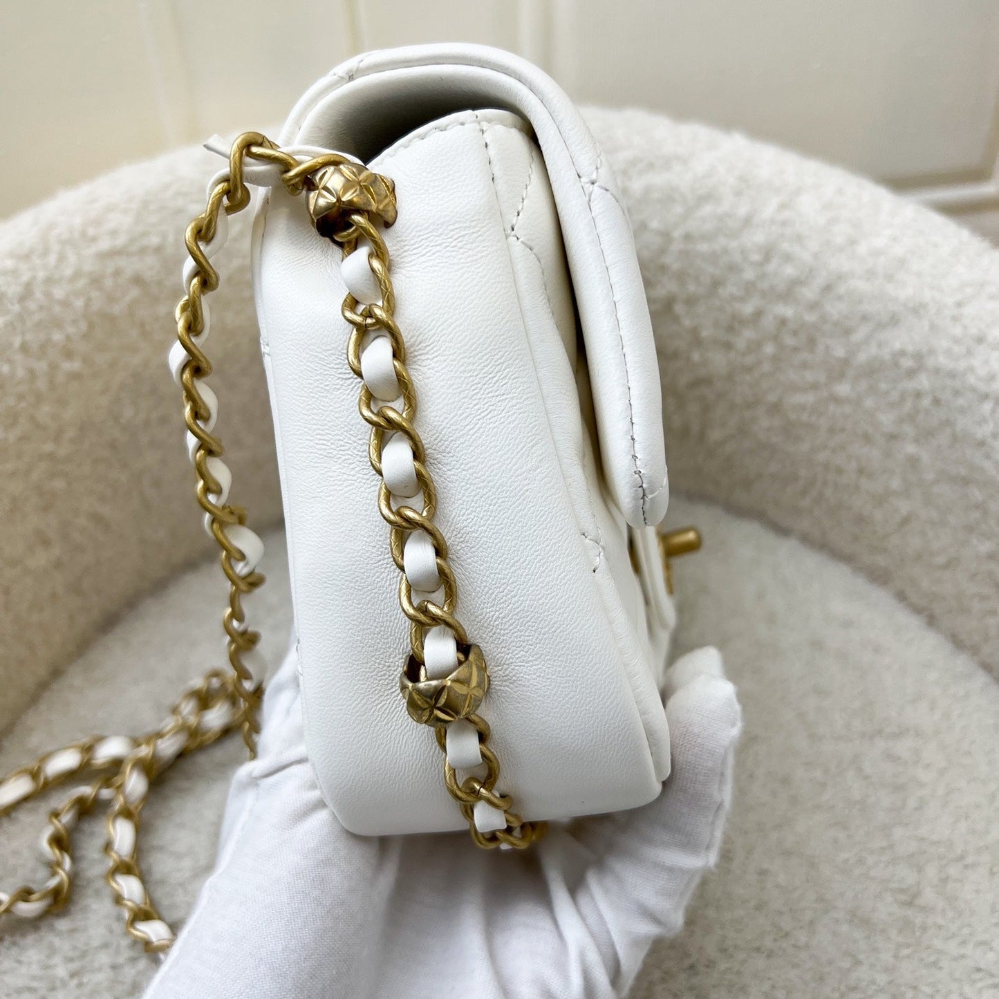 Chanel Seasonal Flap in White Lambskin and AGHW Accessory