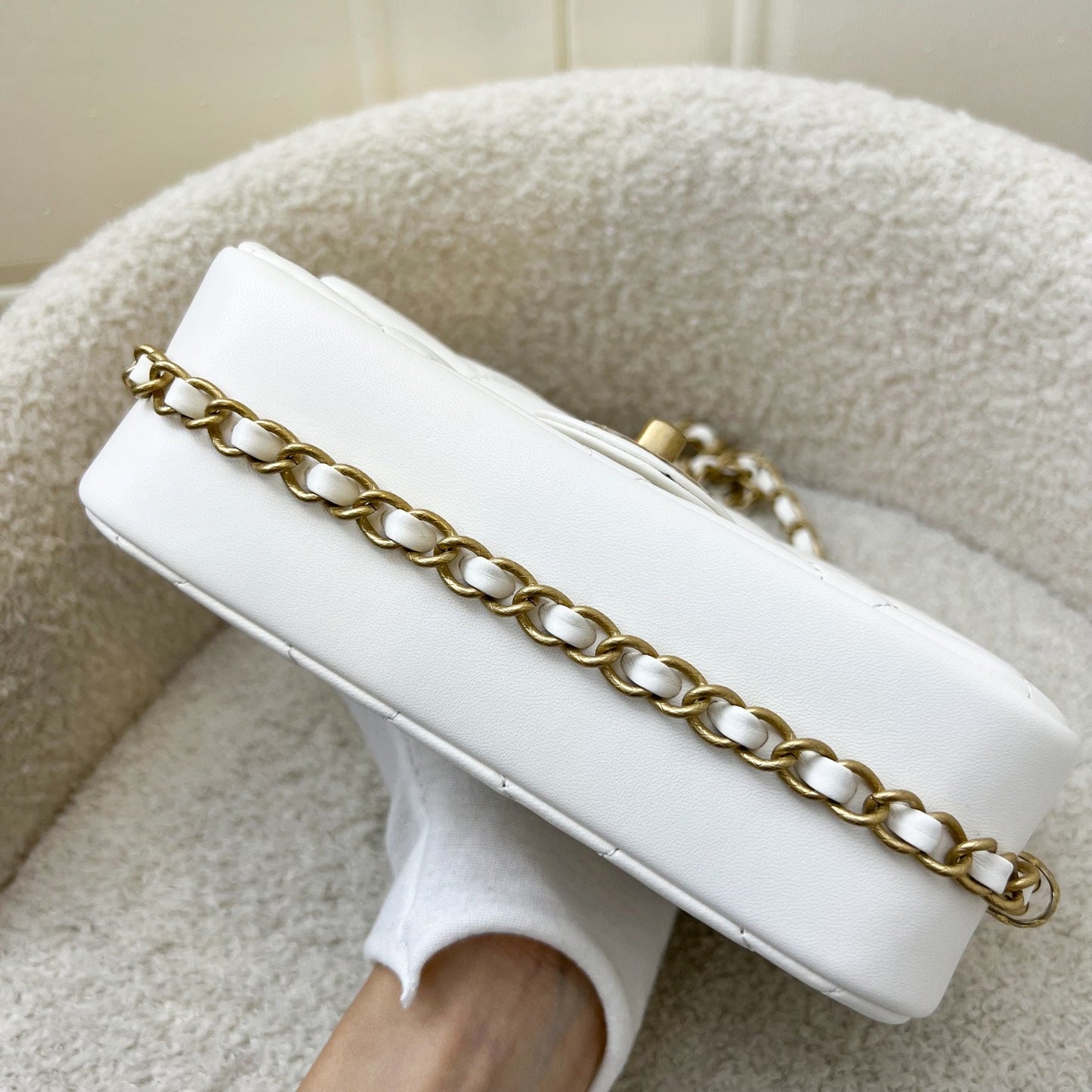 Chanel Seasonal Flap in White Lambskin and AGHW Accessory