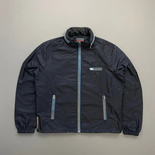 Prada Handbag Contrast Stripe Concealed Hood Windbreaker Jacket Nylon Navy Zip
