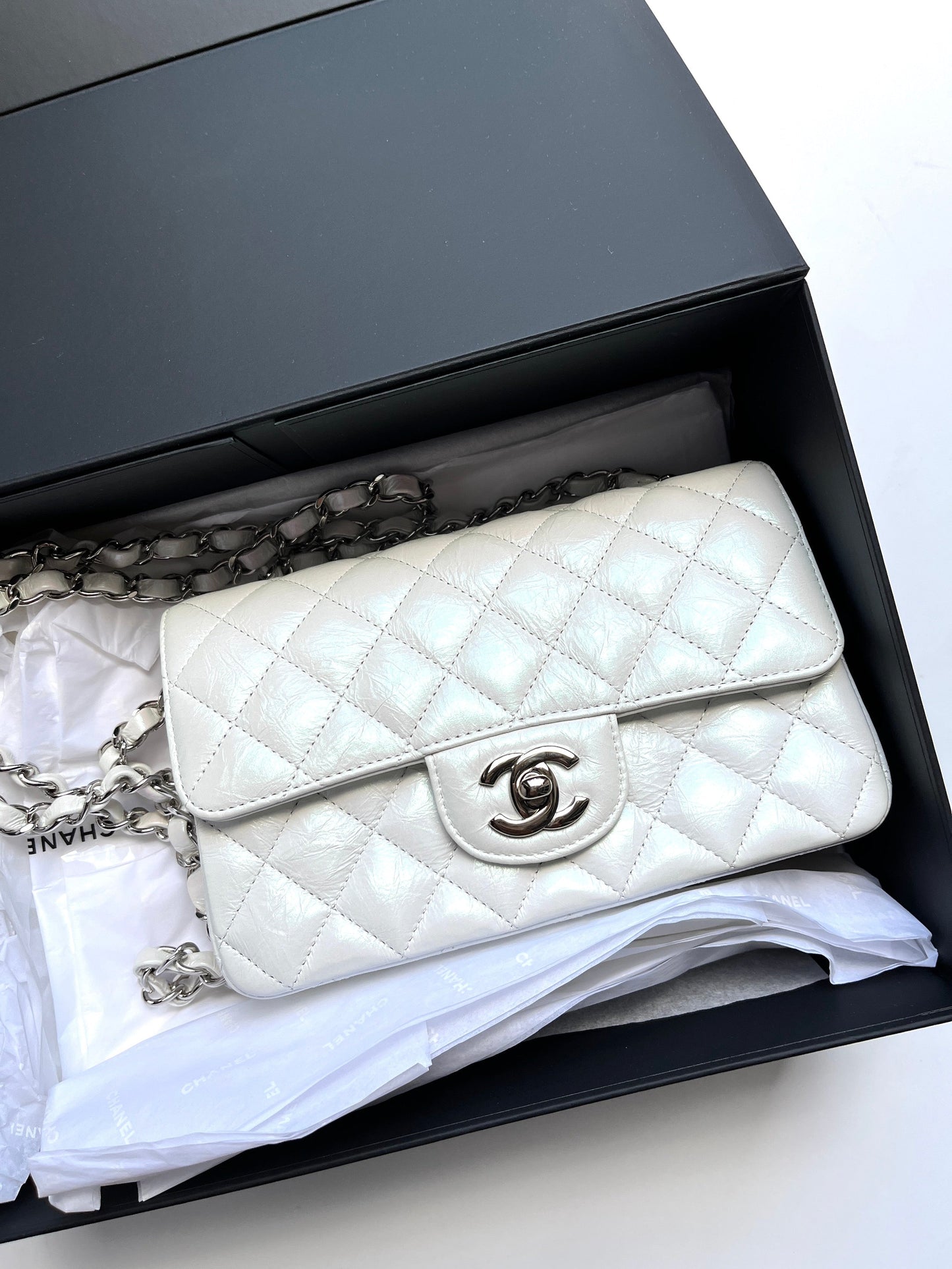Chanel White 2021 Rectangular Mini Crumpled Calfskin Classic Flap Bag