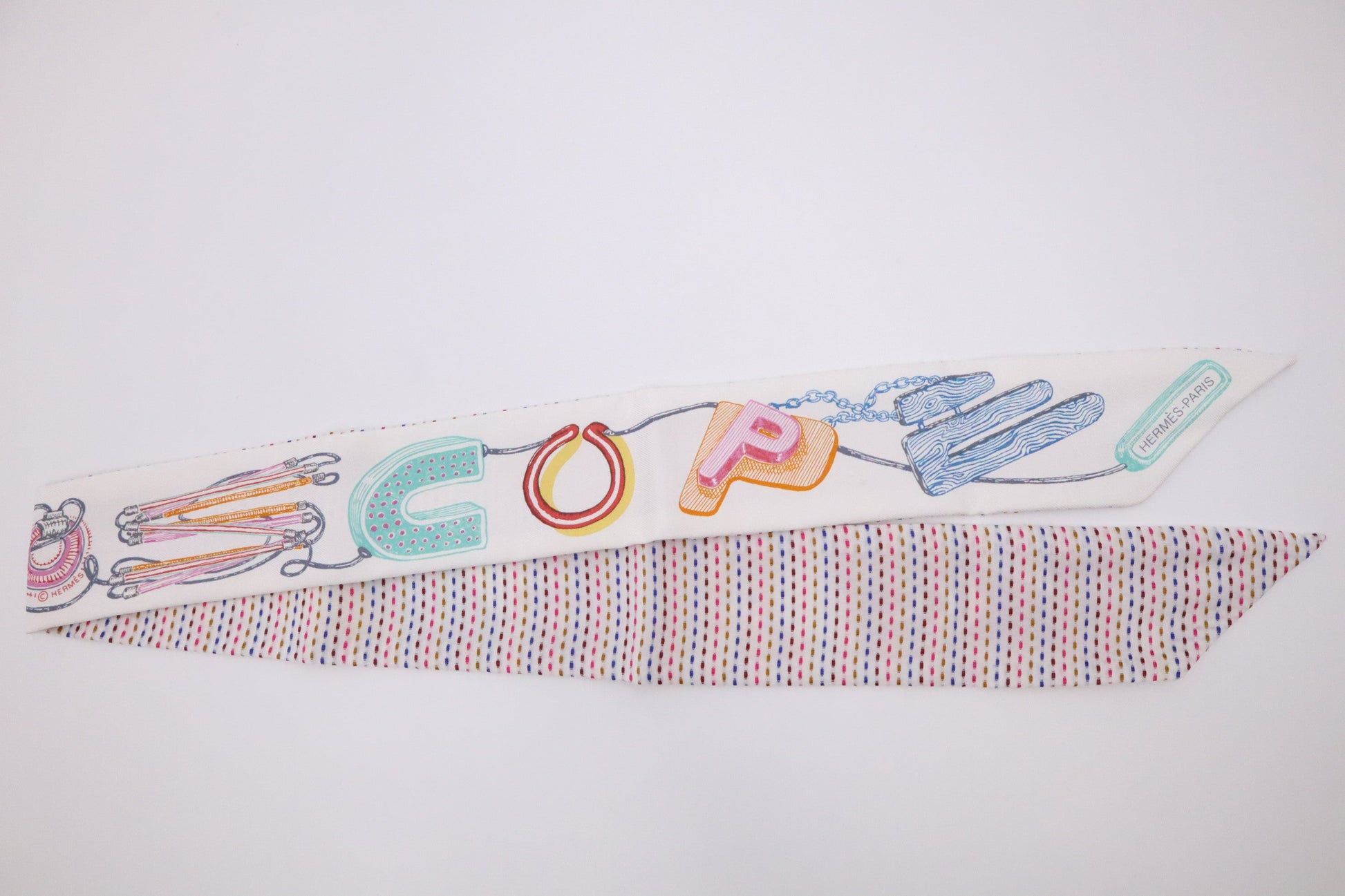 Hermes 'Chevaloscope Pointille' Twilly In Multicolor Silk Handbag White Travel Bag