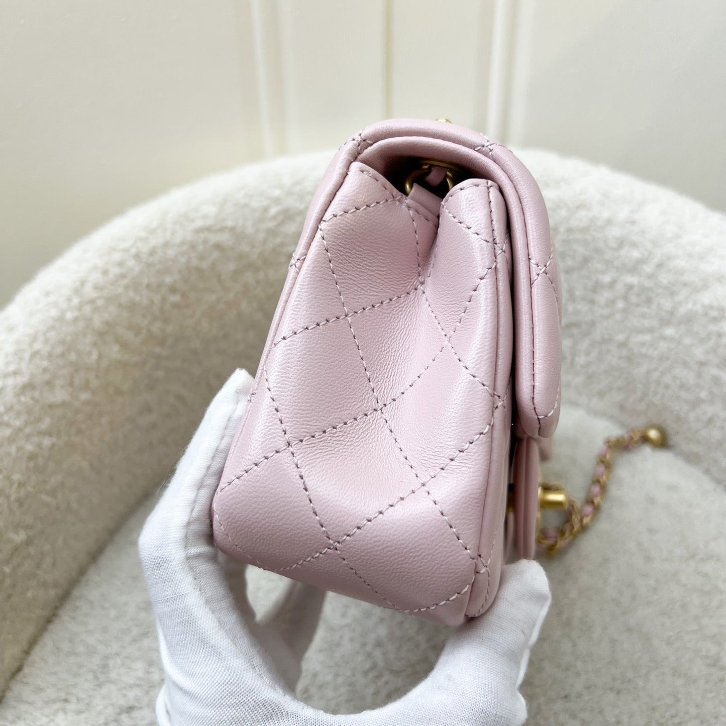 Chanel Pearl Crush Mini Rectangle Flap in Sakura Pink Stiff Lambskin and AGHW (Model: ) Accessory