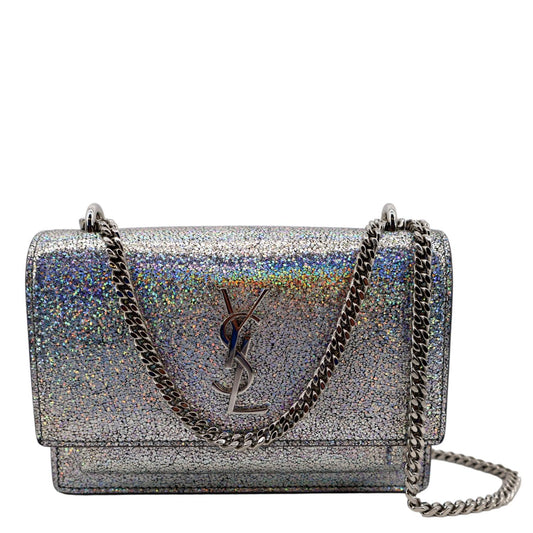 YSL Saint Laurent Saint Sunset Crackled Metallic Crossbody Bag Leather Silver
