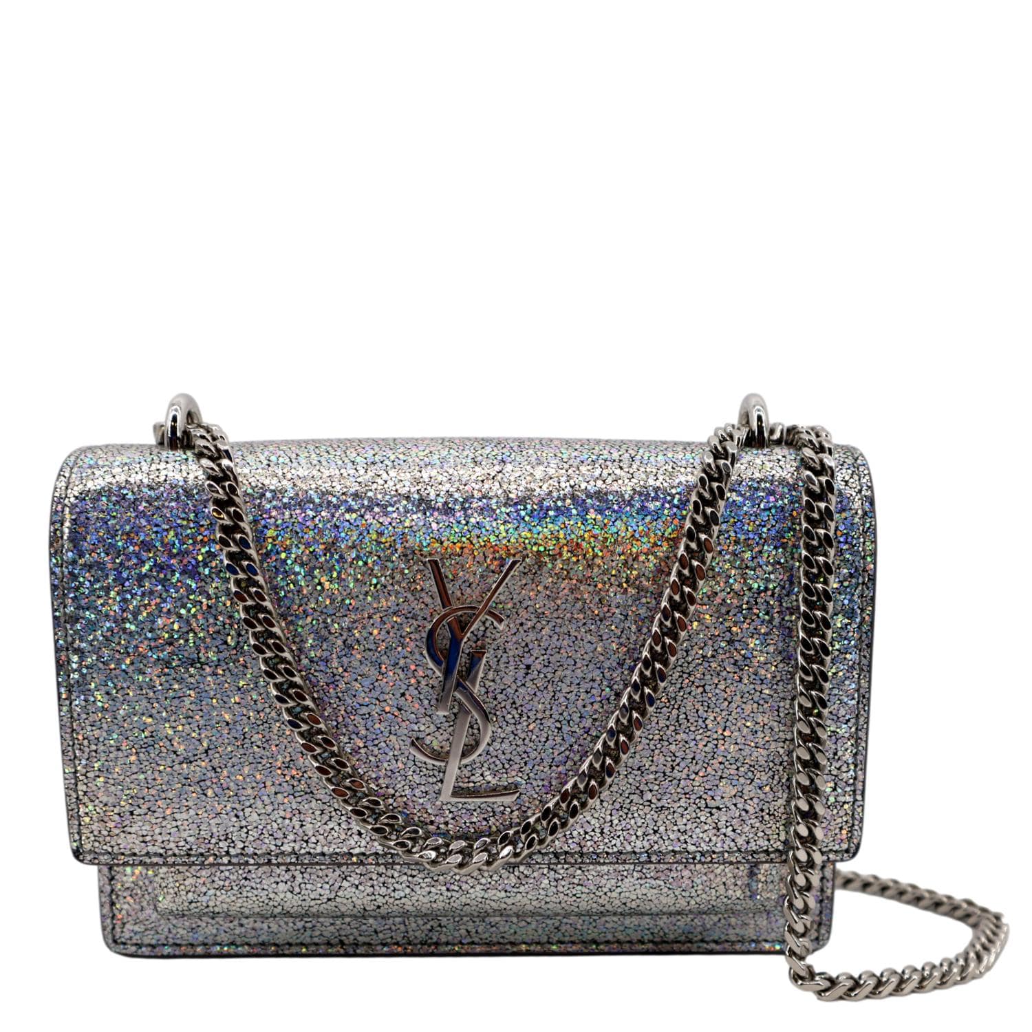 YSL Saint Laurent Yves Sunset Crackled Metallic Crossbody Bag Leather Silver
