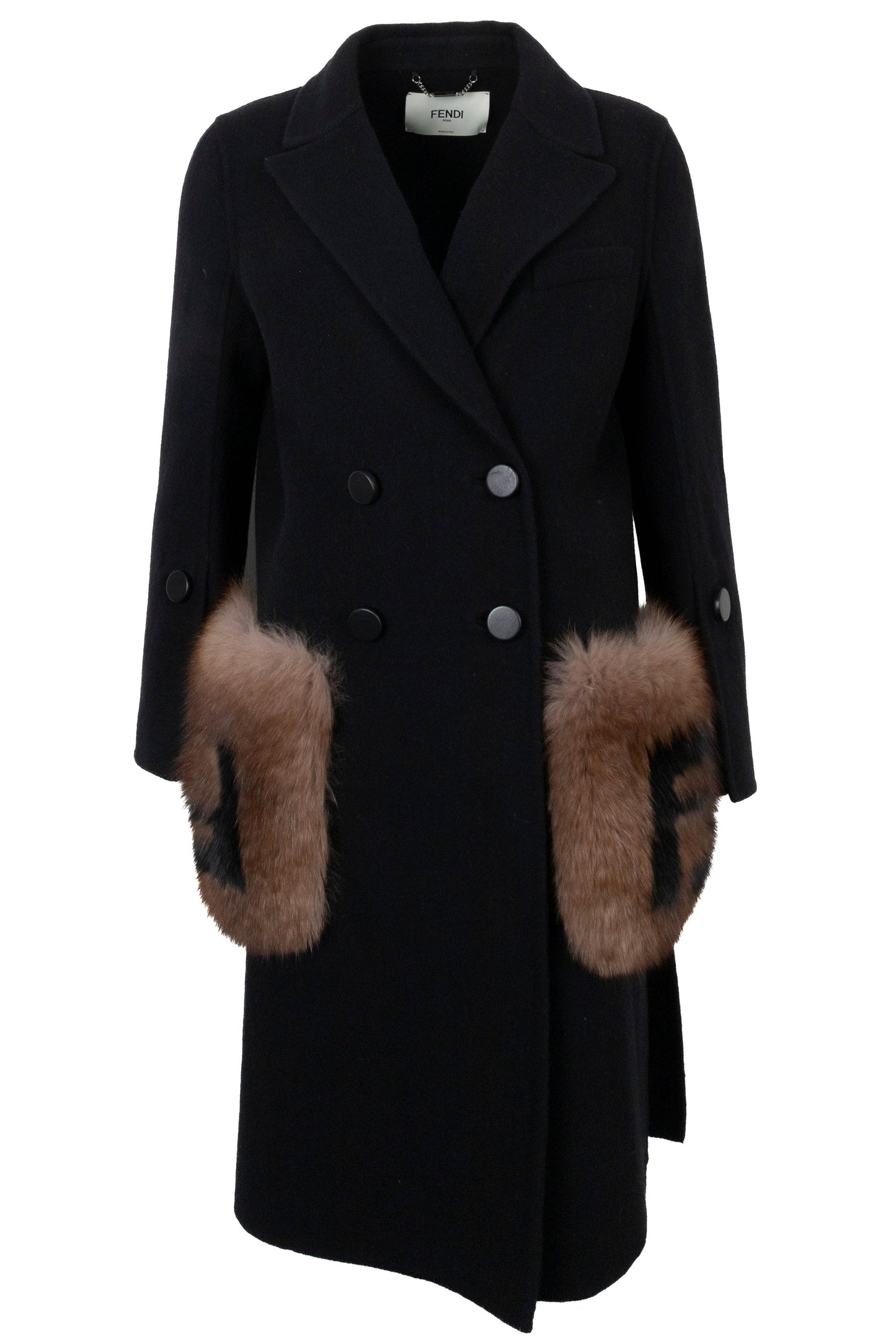 Fendi Zucca Print Pocket Coat Wool Fox Fur Black Handbag