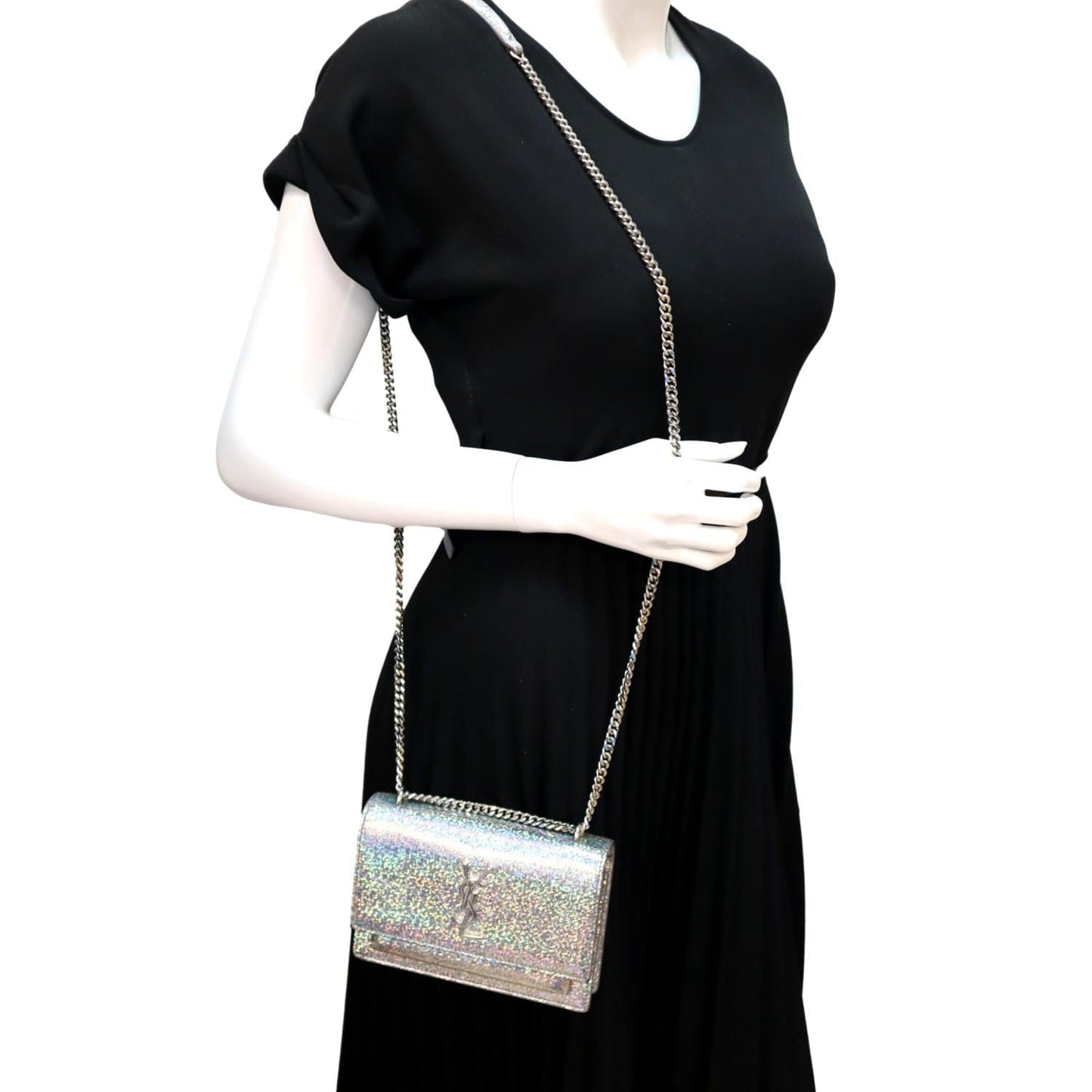 YSL Saint Laurent Saint Sunset Crackled Metallic Crossbody Bag Leather Silver