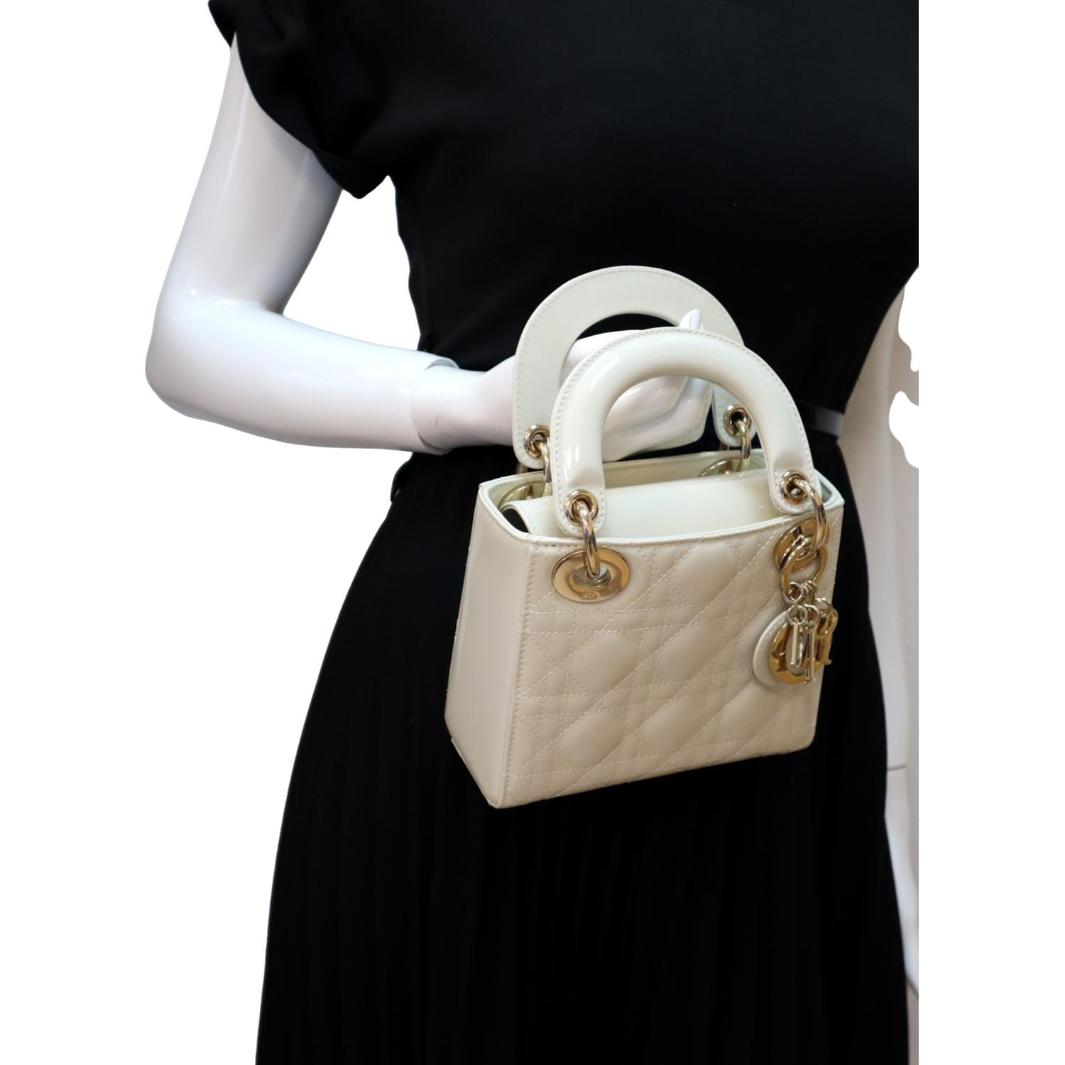 Dior Lady Cannage Patent Satchel Bag Leather White Travel Bag