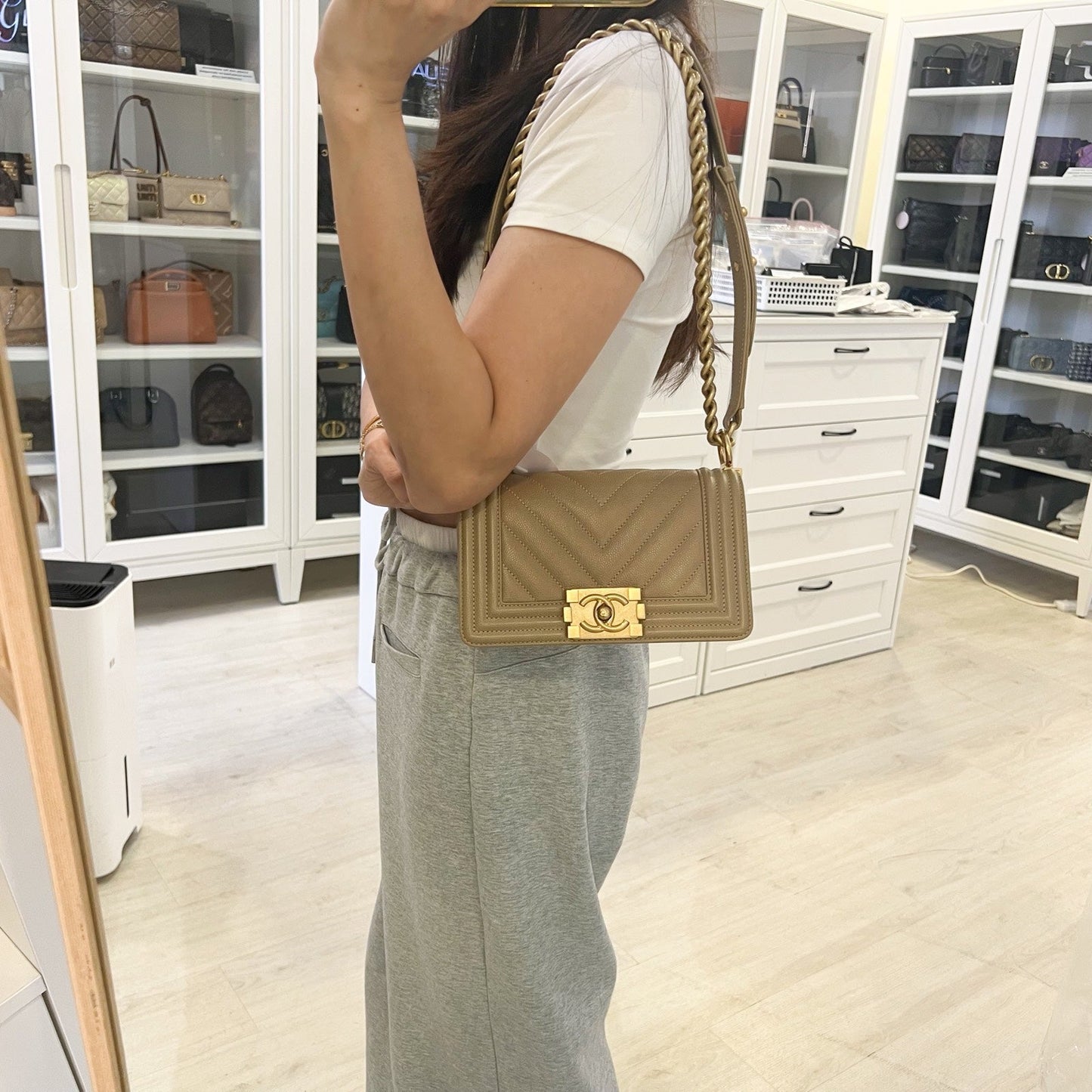 Chanel Small Boy Flap in Chevron Quilted Beige Caviar and AGHW Accessory