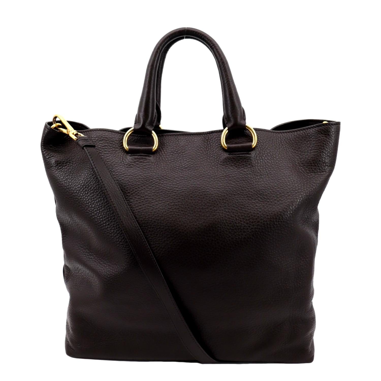 Prada Daino Tote Shoulder Bag Dark Leather Vitello Brown