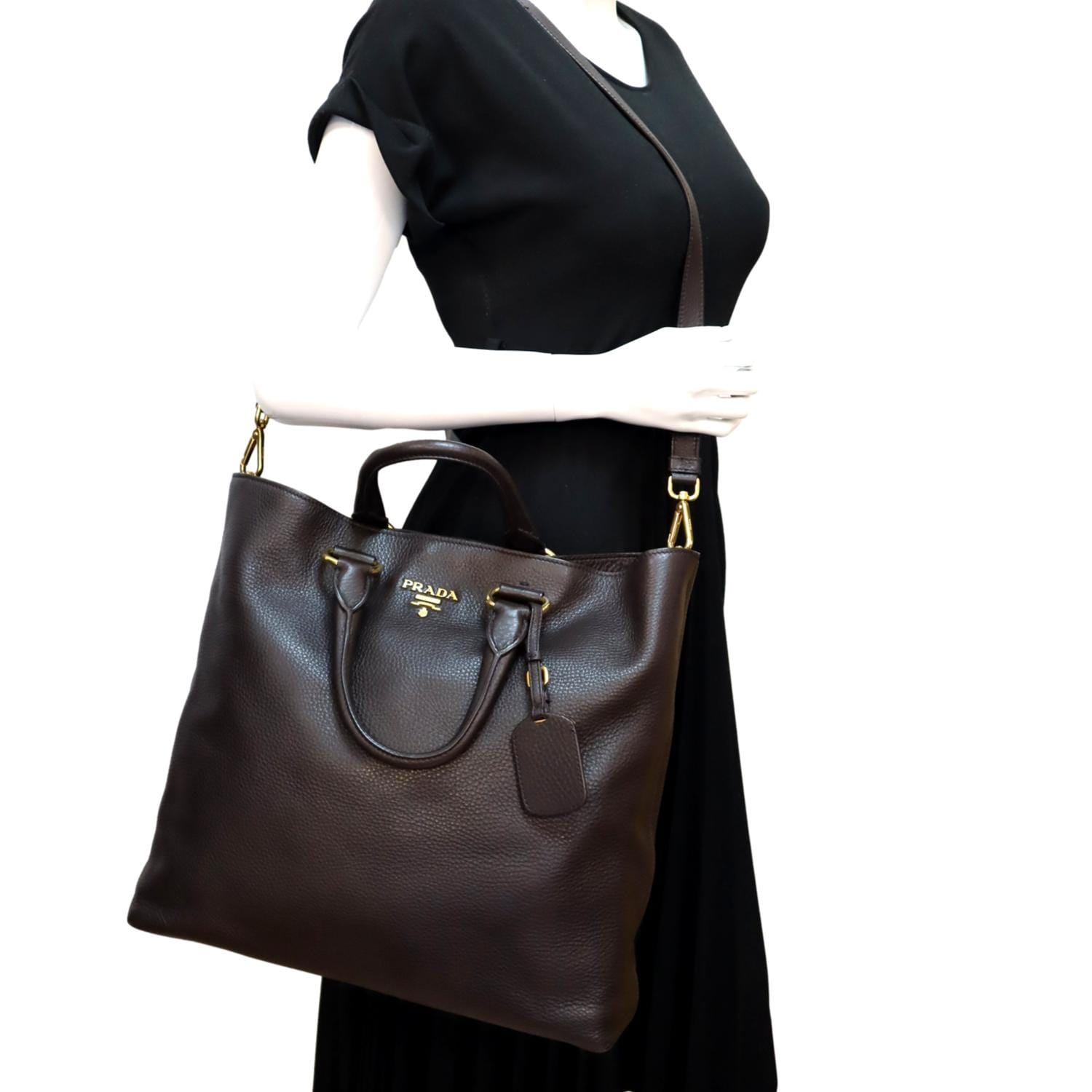 Prada Daino Tote Shoulder Bag Dark Leather Vitello Brown