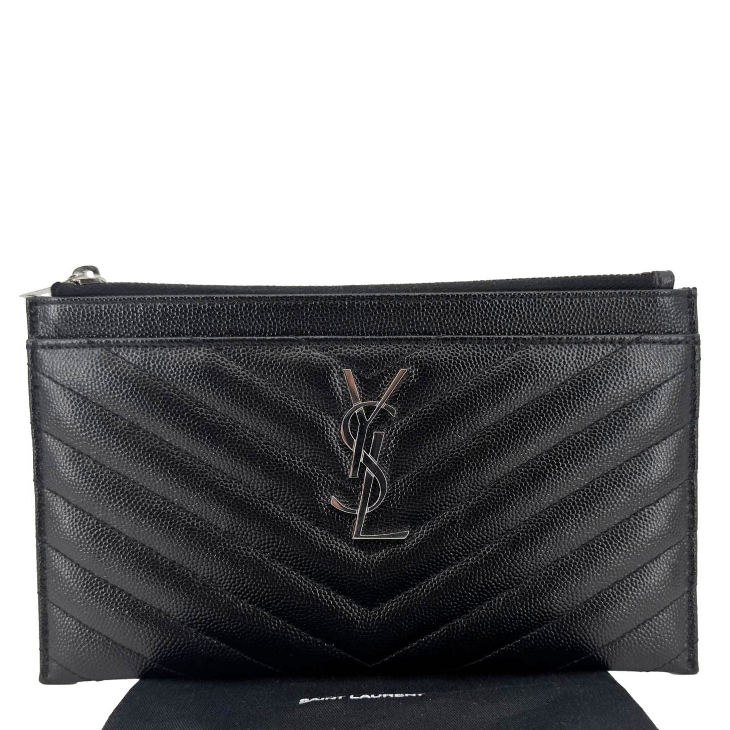 YSL Saint Laurent Yves Bill Grain De Poudre Chevron Pouch Handbag Leather Monogram Black Travel Bag Bill Zip Pouch