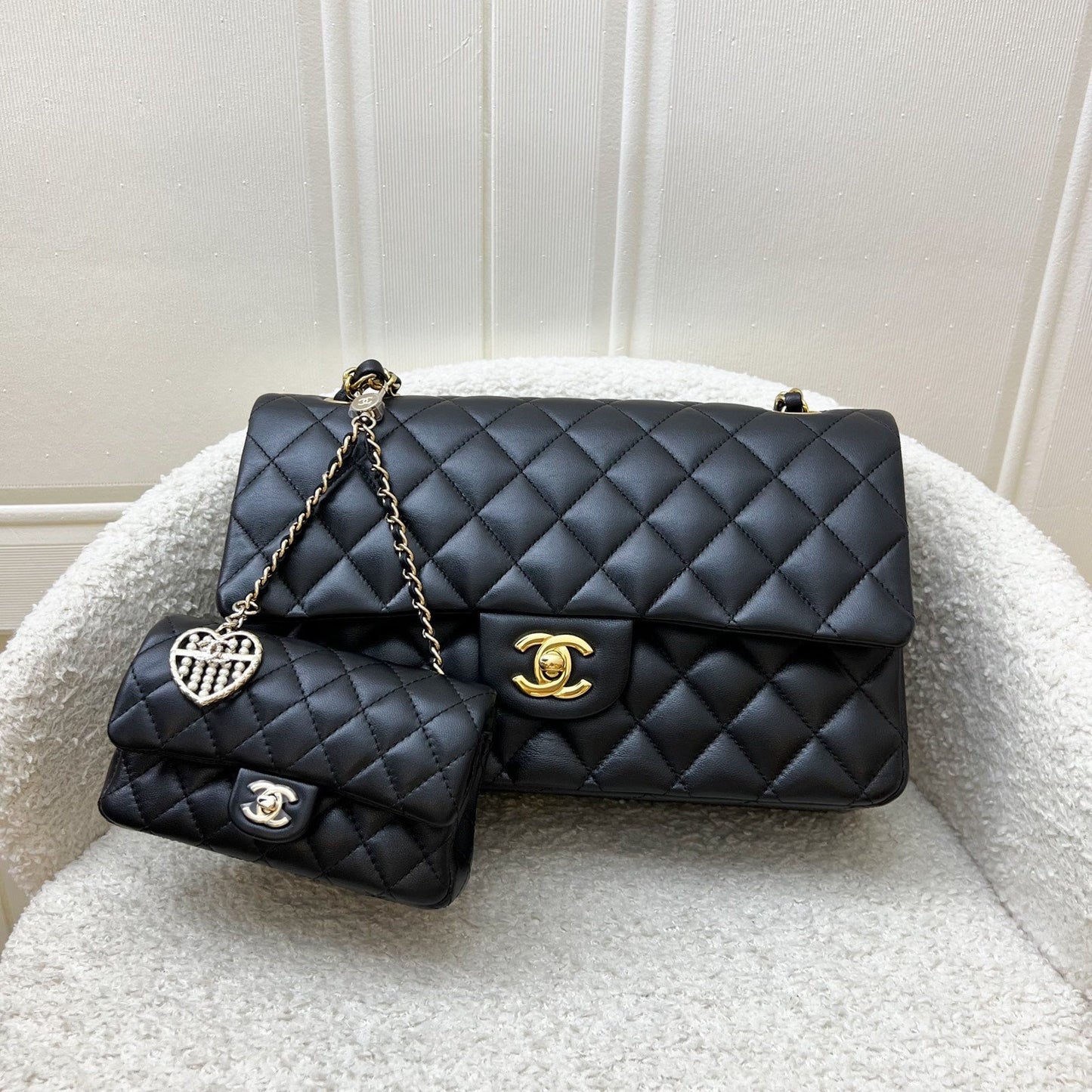 Chanel Classic Mini Bag with Hook Bag Charm with Pearls and Crystals in Black Lambskin and LGHW (Model: )
