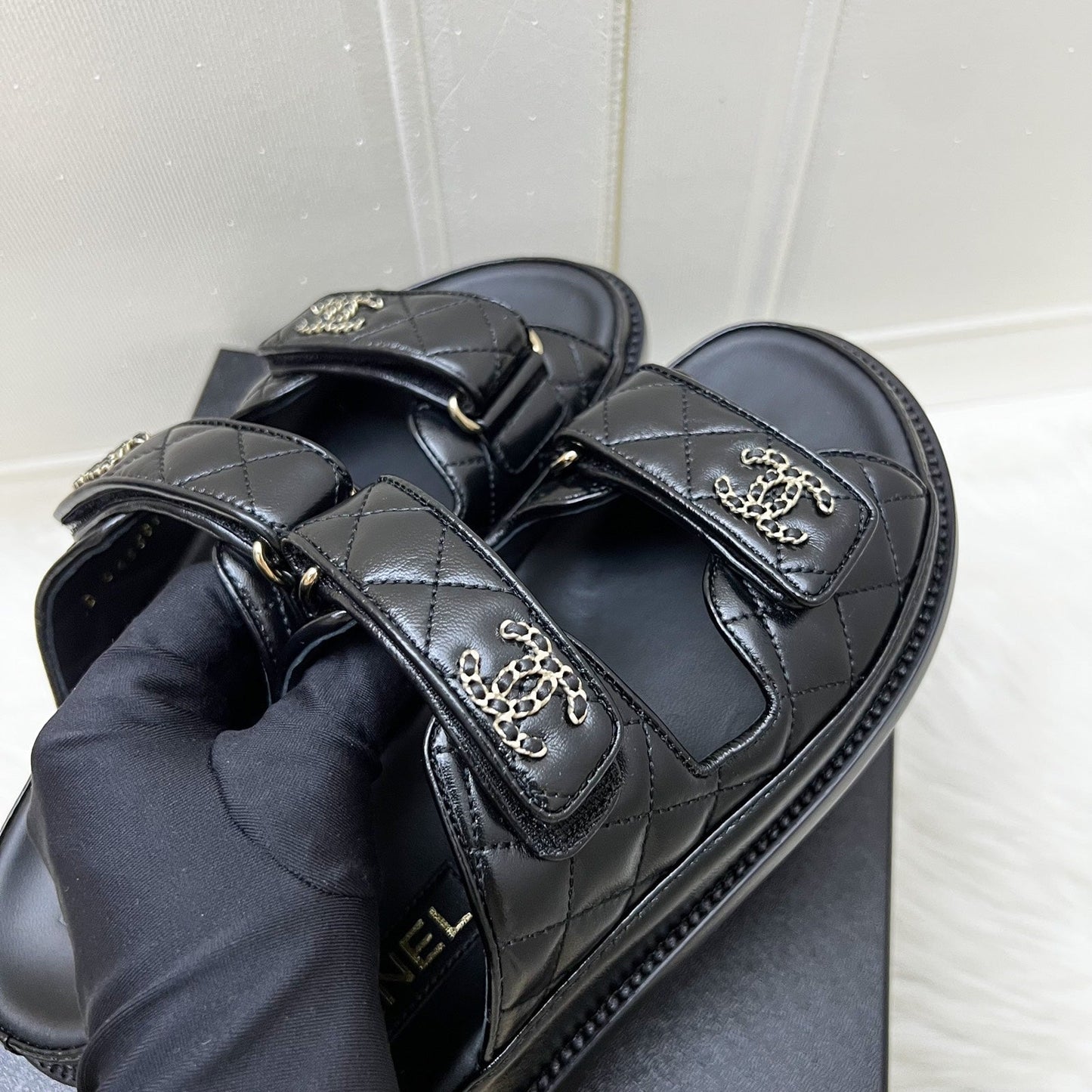 Chanel Dad Sandal in Black Quilted Leather and GHW Sz 37