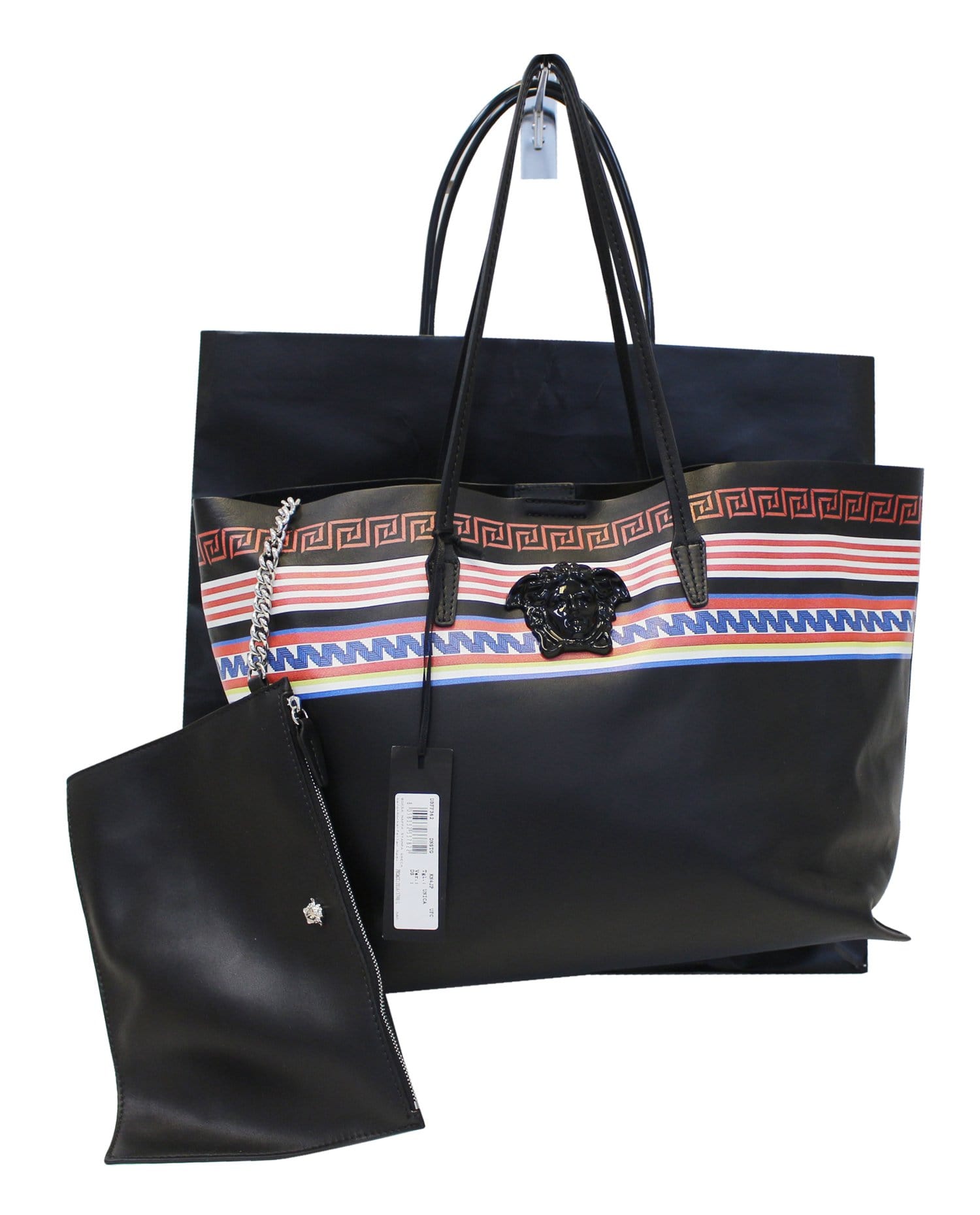 Versace City Strip Greek Key Tote With Pouch Leather Tote Bag