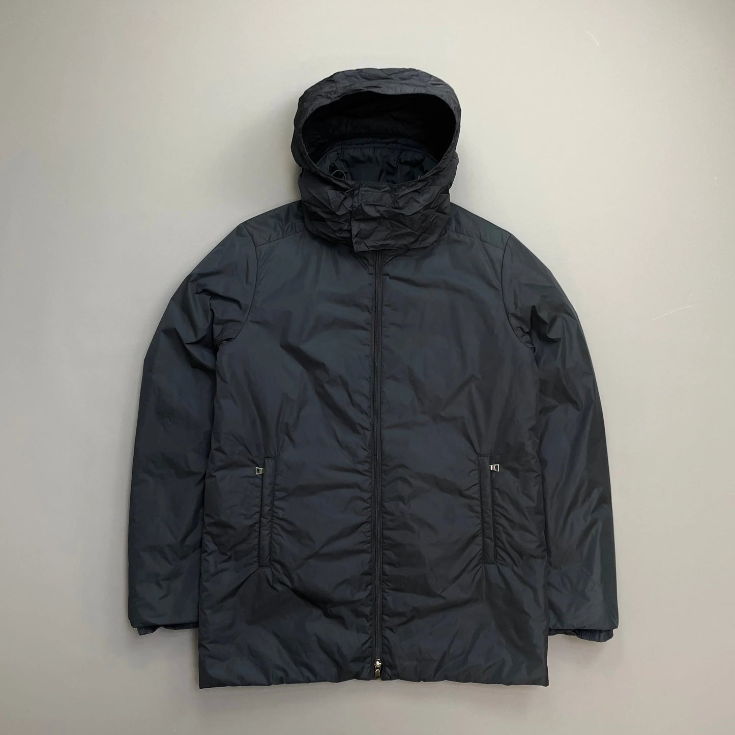 Prada Handbag Sport 00s Padded Concealed Hood Longline Overcoat Nylon Navy